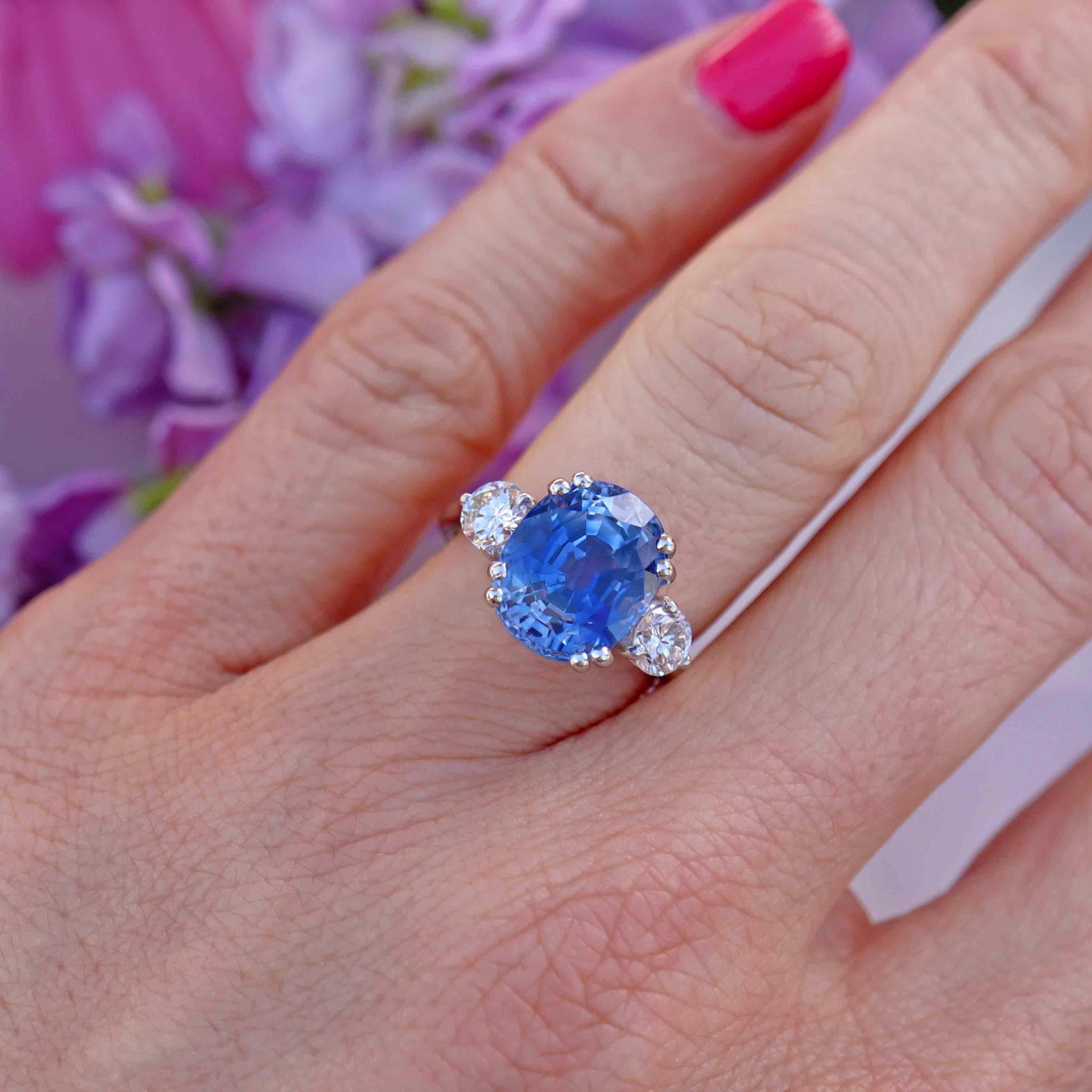 Ellibelle Jewellery French 5.97 Carat Unheated Ceylon Sapphire & Diamond 18ct White Gold Three-Stone Ring