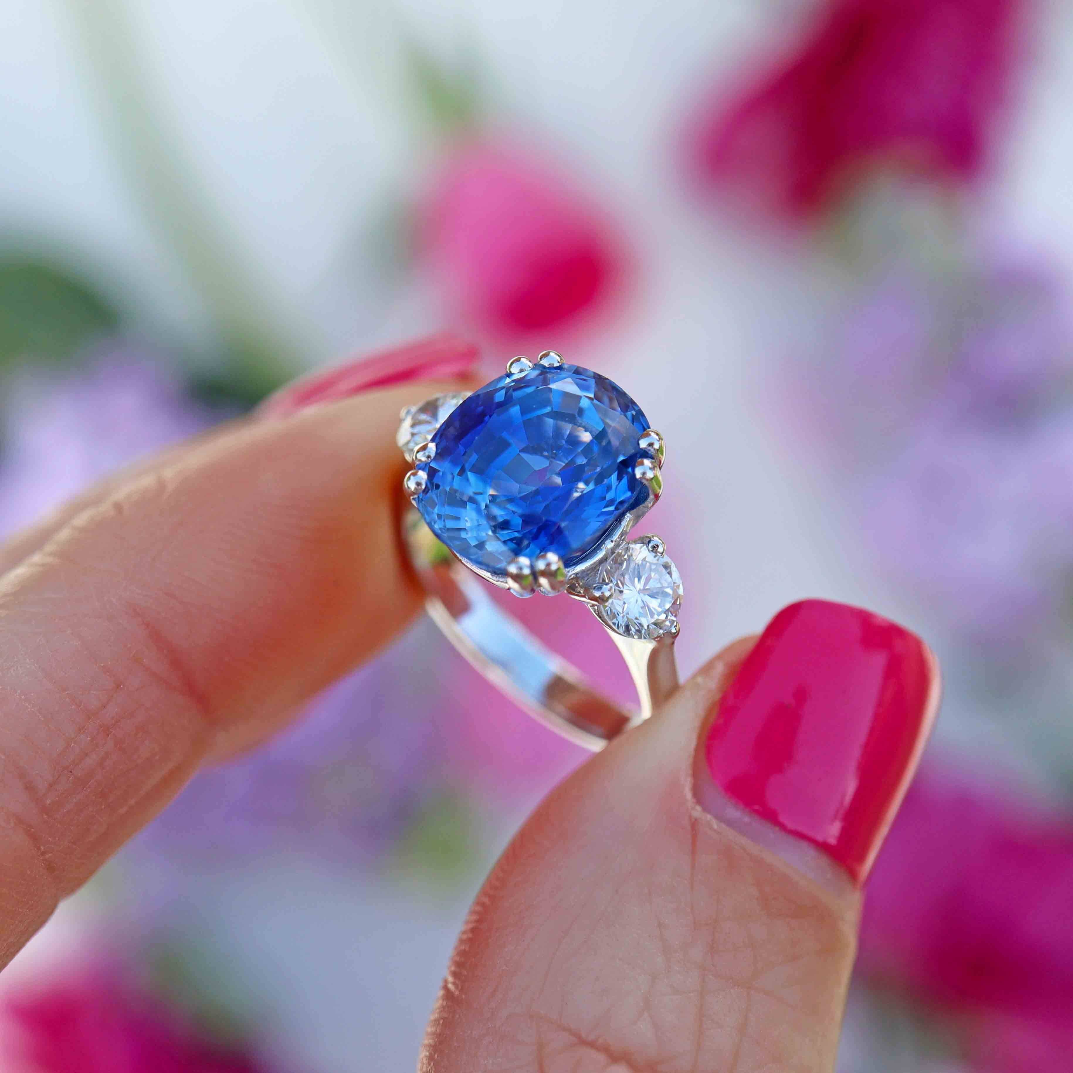 Ellibelle Jewellery French 5.97 Carat Unheated Ceylon Sapphire & Diamond 18ct White Gold Three-Stone Ring