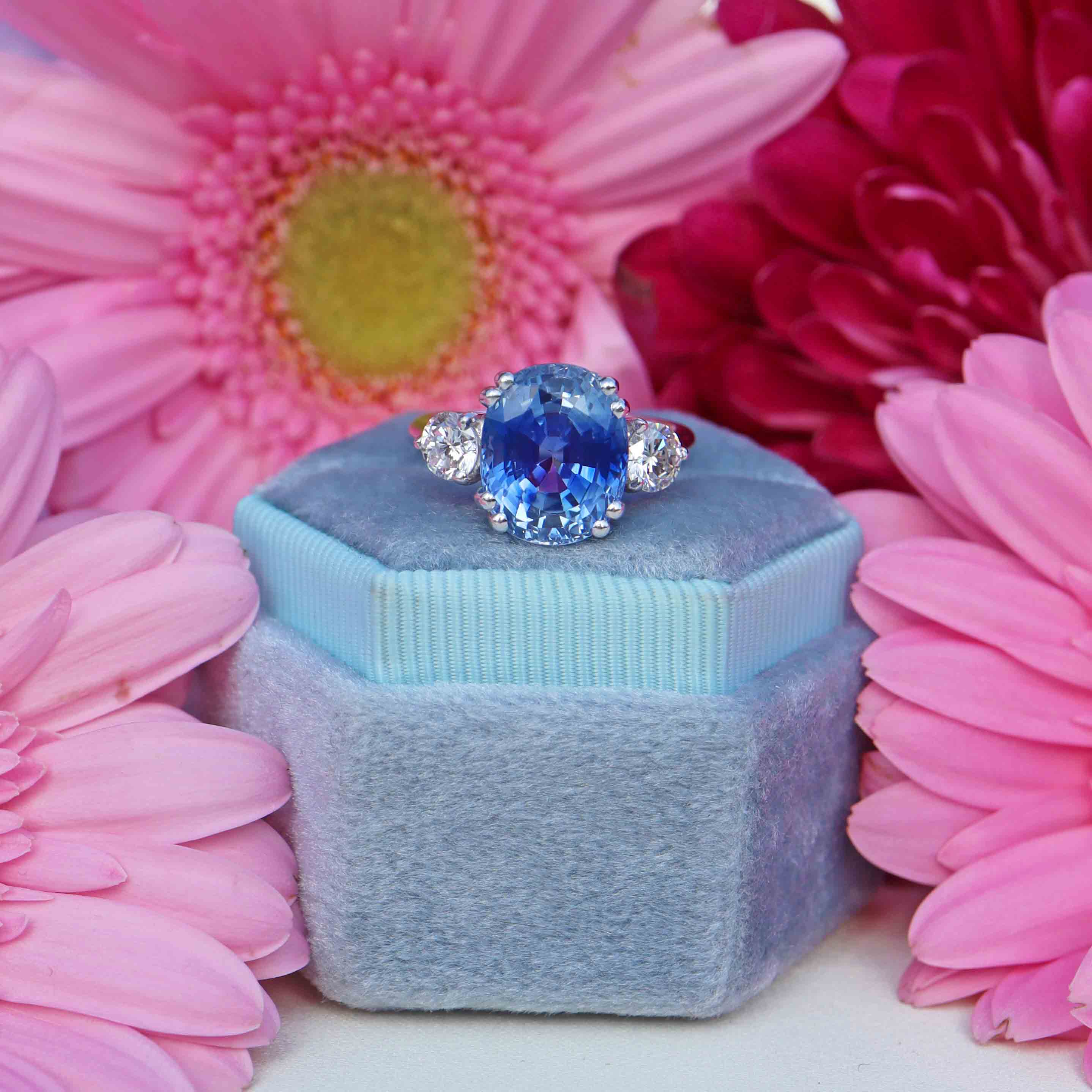 Ellibelle Jewellery French 5.97 Carat Unheated Ceylon Sapphire & Diamond 18ct White Gold Three-Stone Ring