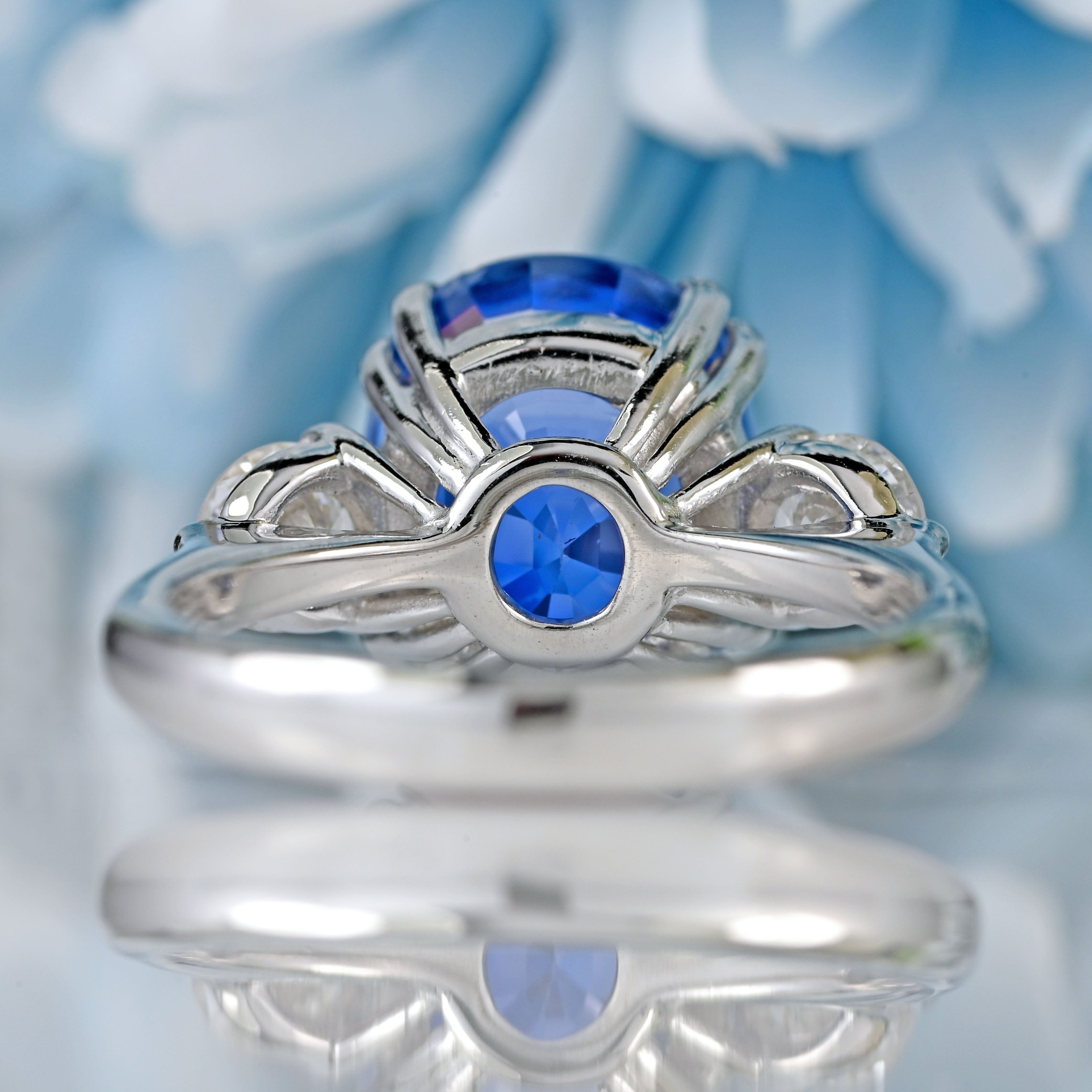 Ellibelle Jewellery French 5.97 Carat Unheated Ceylon Sapphire & Diamond 18ct White Gold Three-Stone Ring