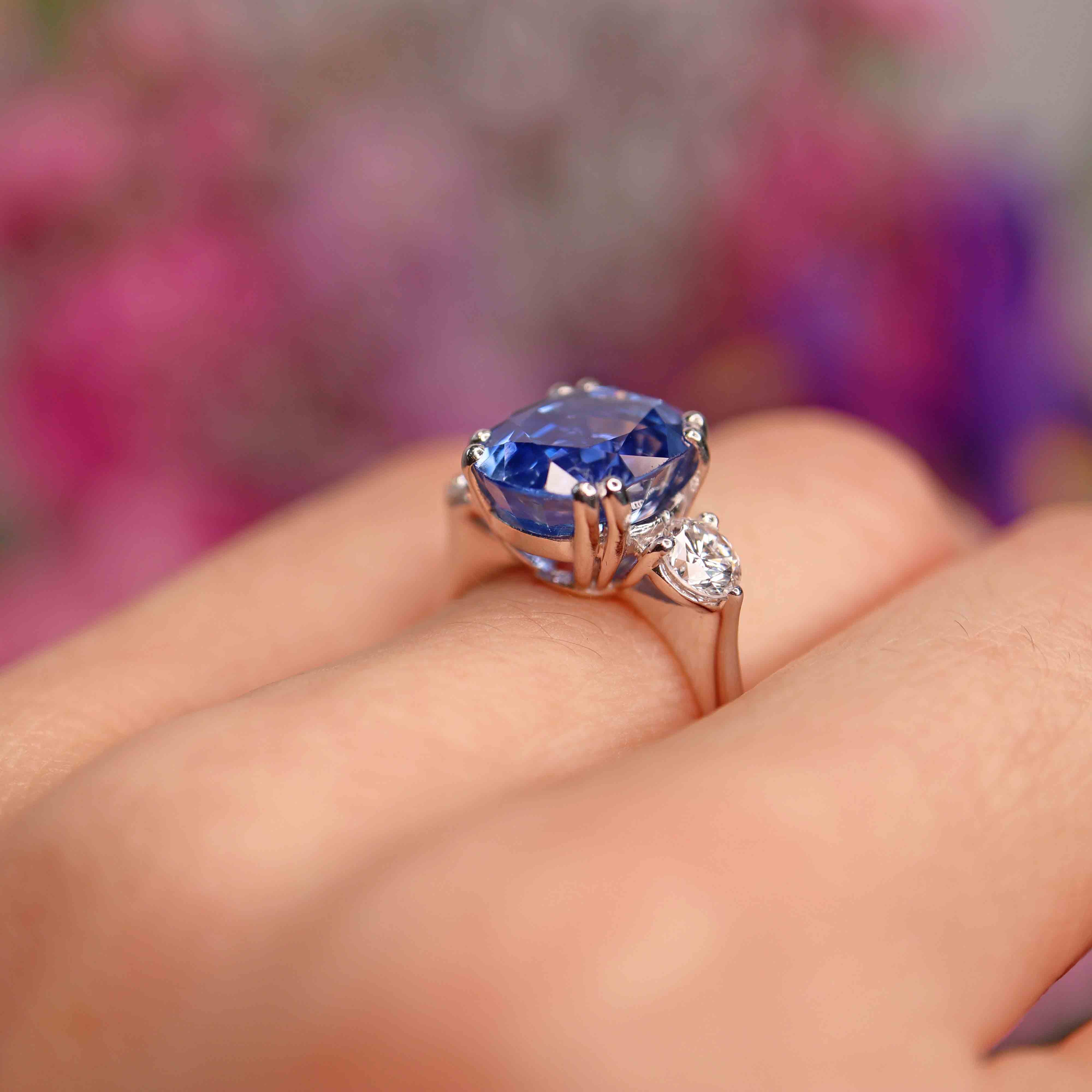 Ellibelle Jewellery French 5.97 Carat Unheated Ceylon Sapphire & Diamond 18ct White Gold Three-Stone Ring