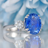 Ellibelle Jewellery French 5.97 Carat Unheated Ceylon Sapphire & Diamond 18ct White Gold Three-Stone Ring