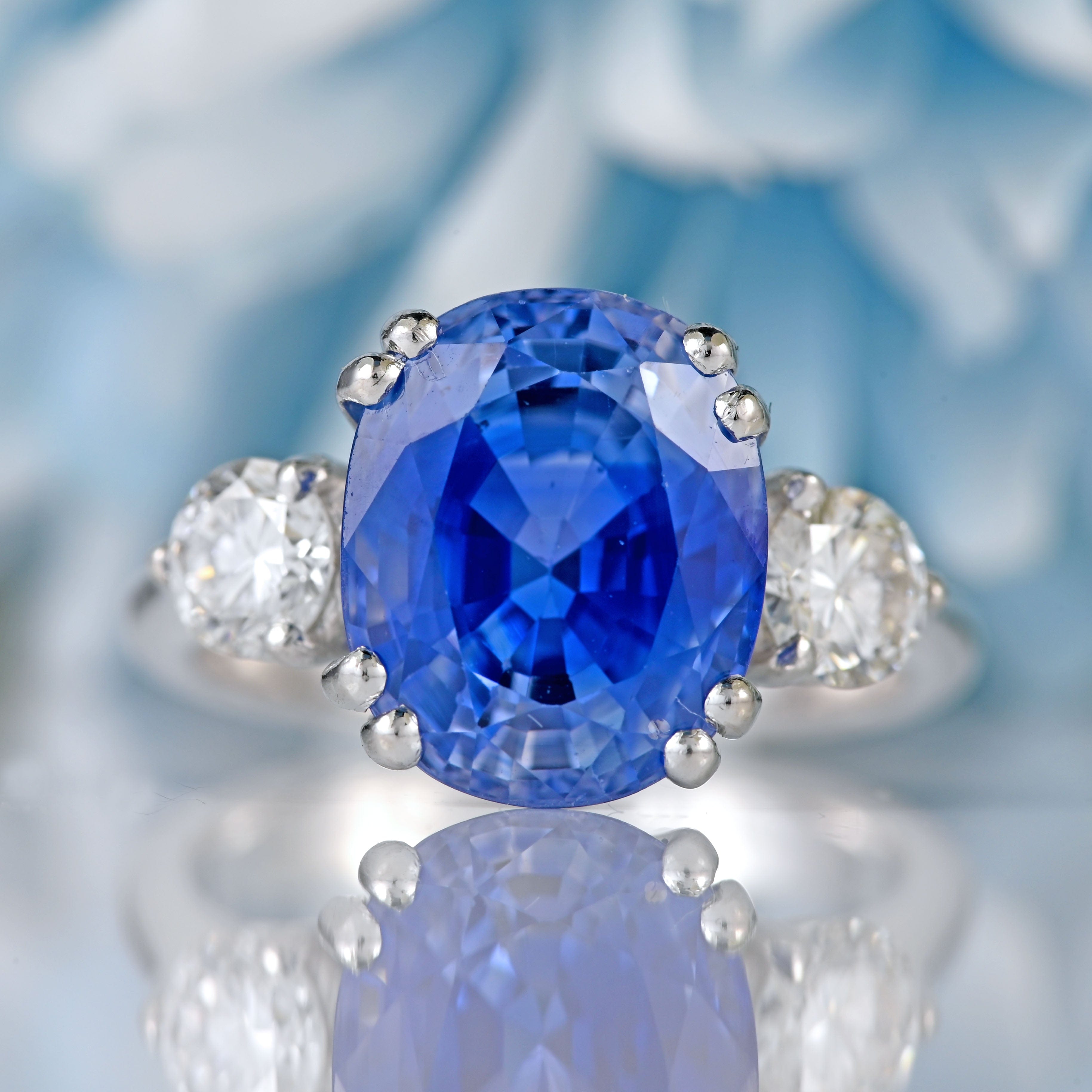 Ellibelle Jewellery French 5.97 Carat Unheated Ceylon Sapphire & Diamond 18ct White Gold Three-Stone Ring