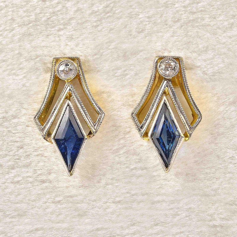 Ellibelle Jewellery French Art Deco Sapphire Diamond 18ct Gold Earrings & Pendant