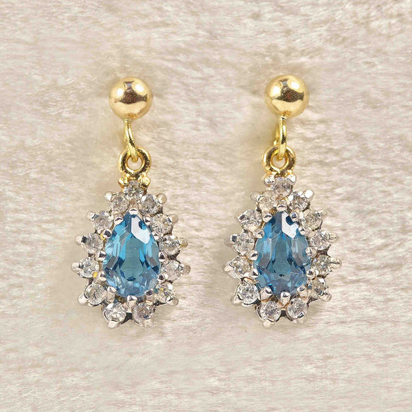 Ellibelle Jewellery London Blue Topaz & Diamond 9ct Gold Teardrop Cluster Earrings