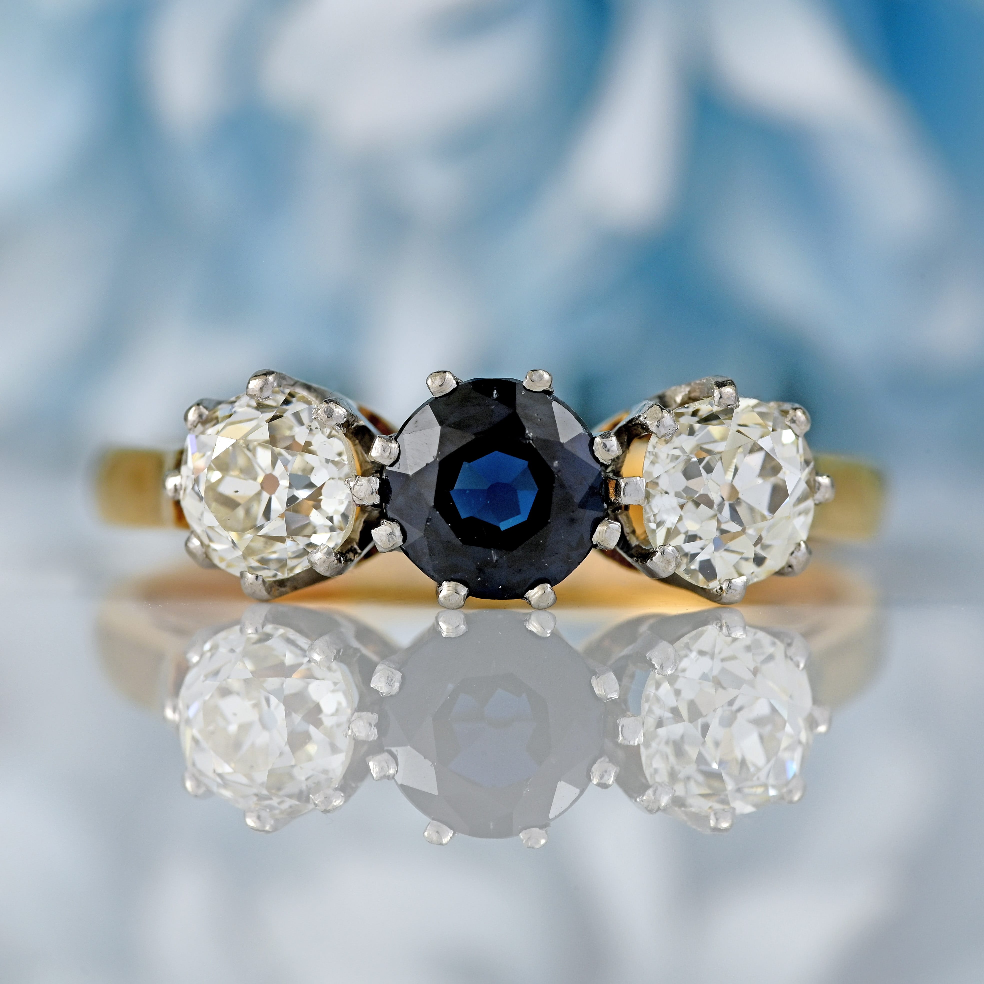 Ellibelle Jewellery Mid-20th Century Sapphire & Old-Cut Diamond 18ct Gold Three-Stone Trilogy Ring