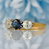 Ellibelle Jewellery Mid-20th Century Sapphire & Old-Cut Diamond 18ct Gold Three-Stone Trilogy Ring