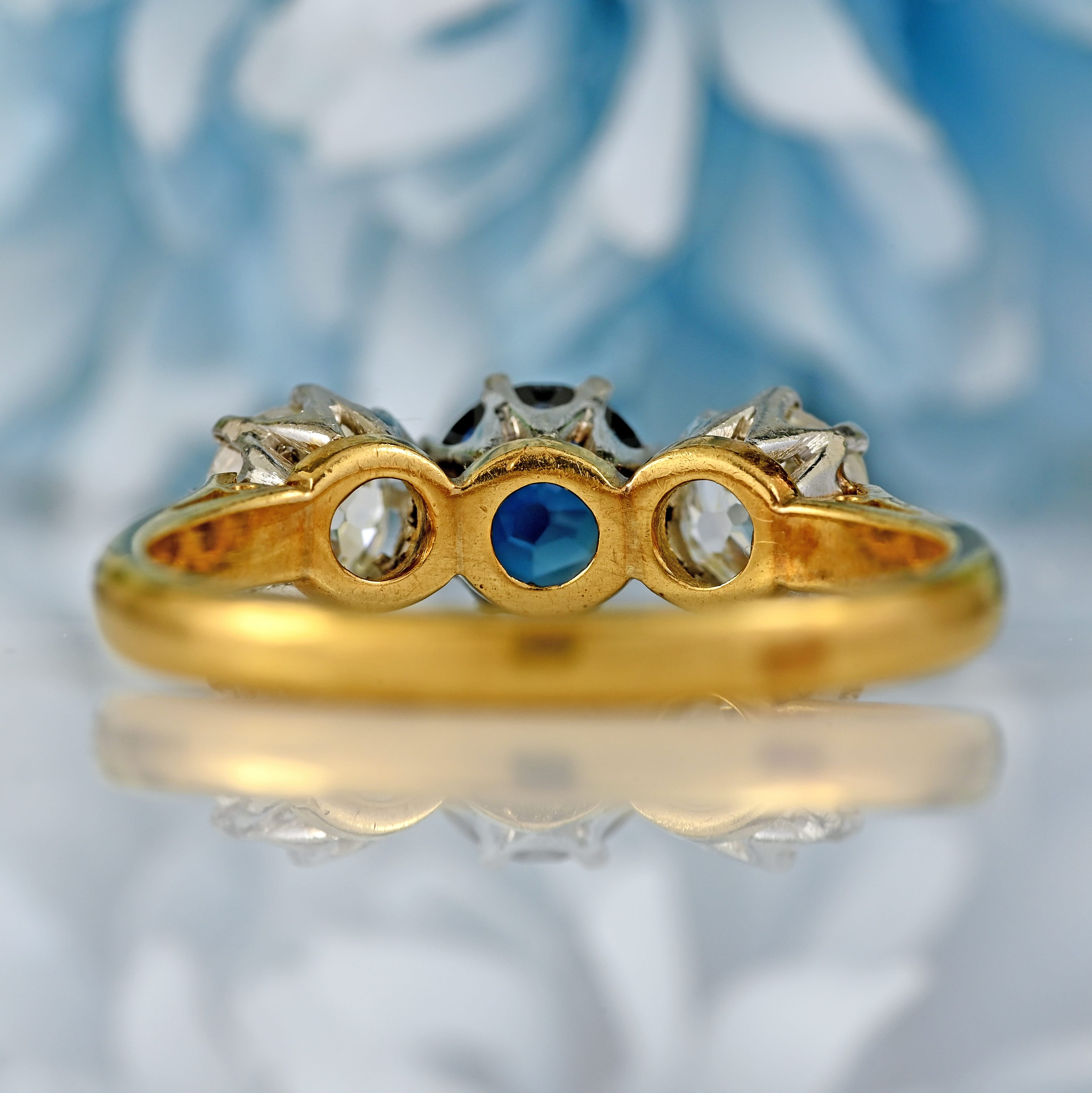 Ellibelle Jewellery Mid-20th Century Sapphire & Old-Cut Diamond 18ct Gold Three-Stone Trilogy Ring