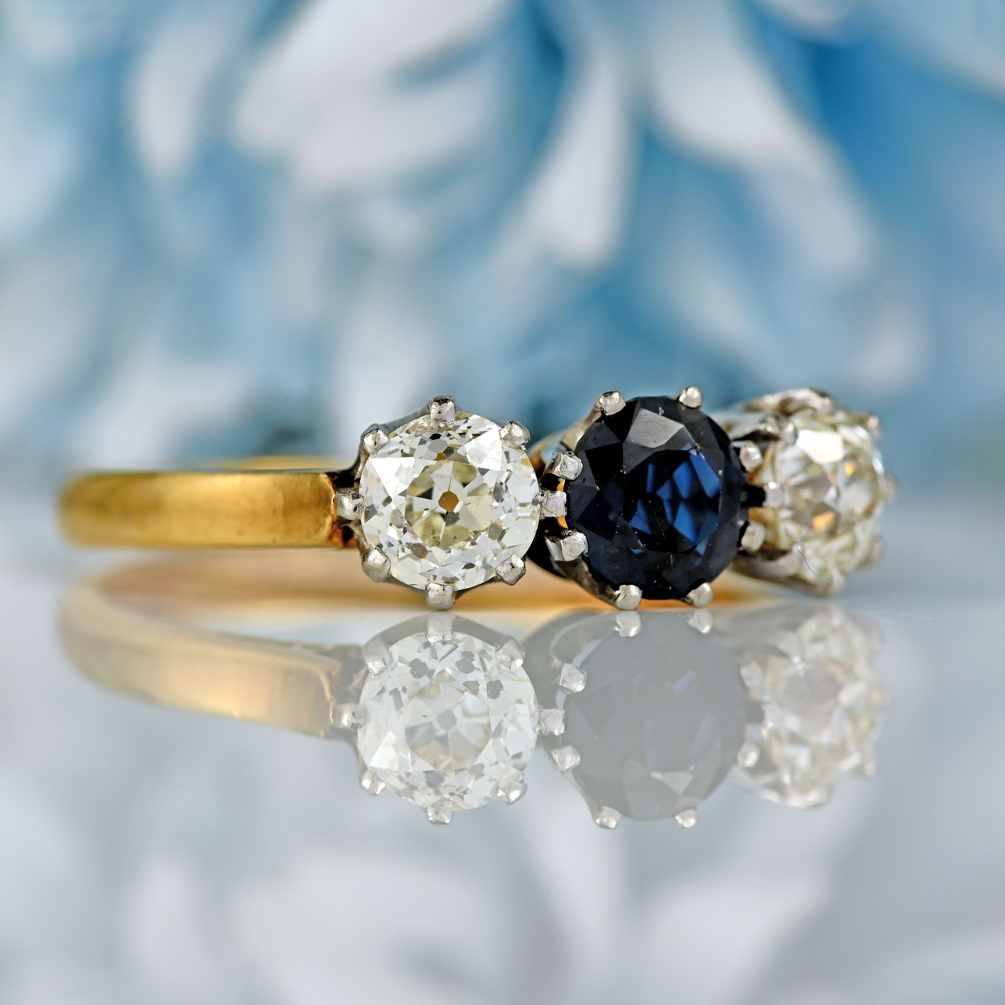 Ellibelle Jewellery Mid-20th Century Sapphire & Old-Cut Diamond 18ct Gold Three-Stone Trilogy Ring