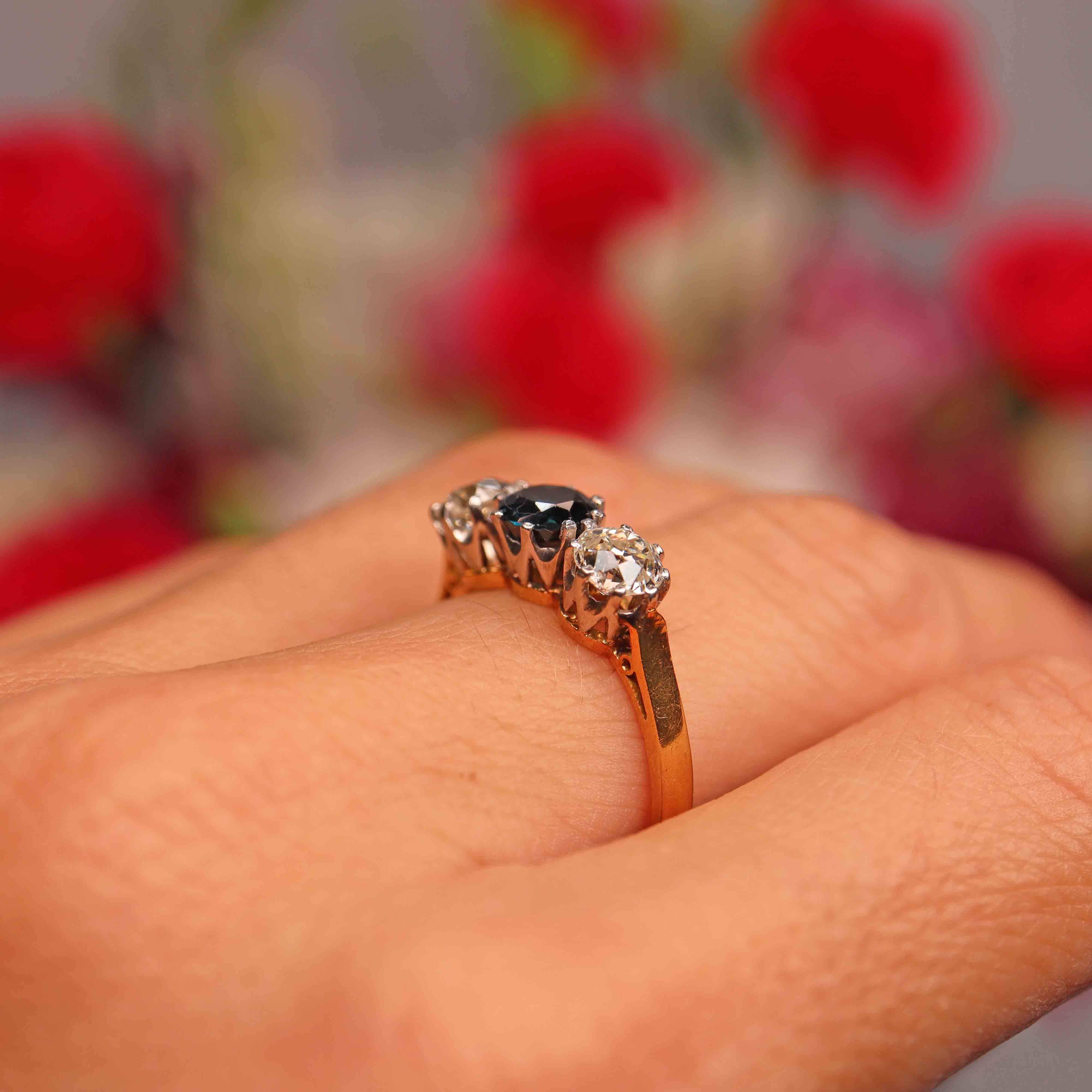 Ellibelle Jewellery Mid-20th Century Sapphire & Old-Cut Diamond 18ct Gold Three-Stone Trilogy Ring