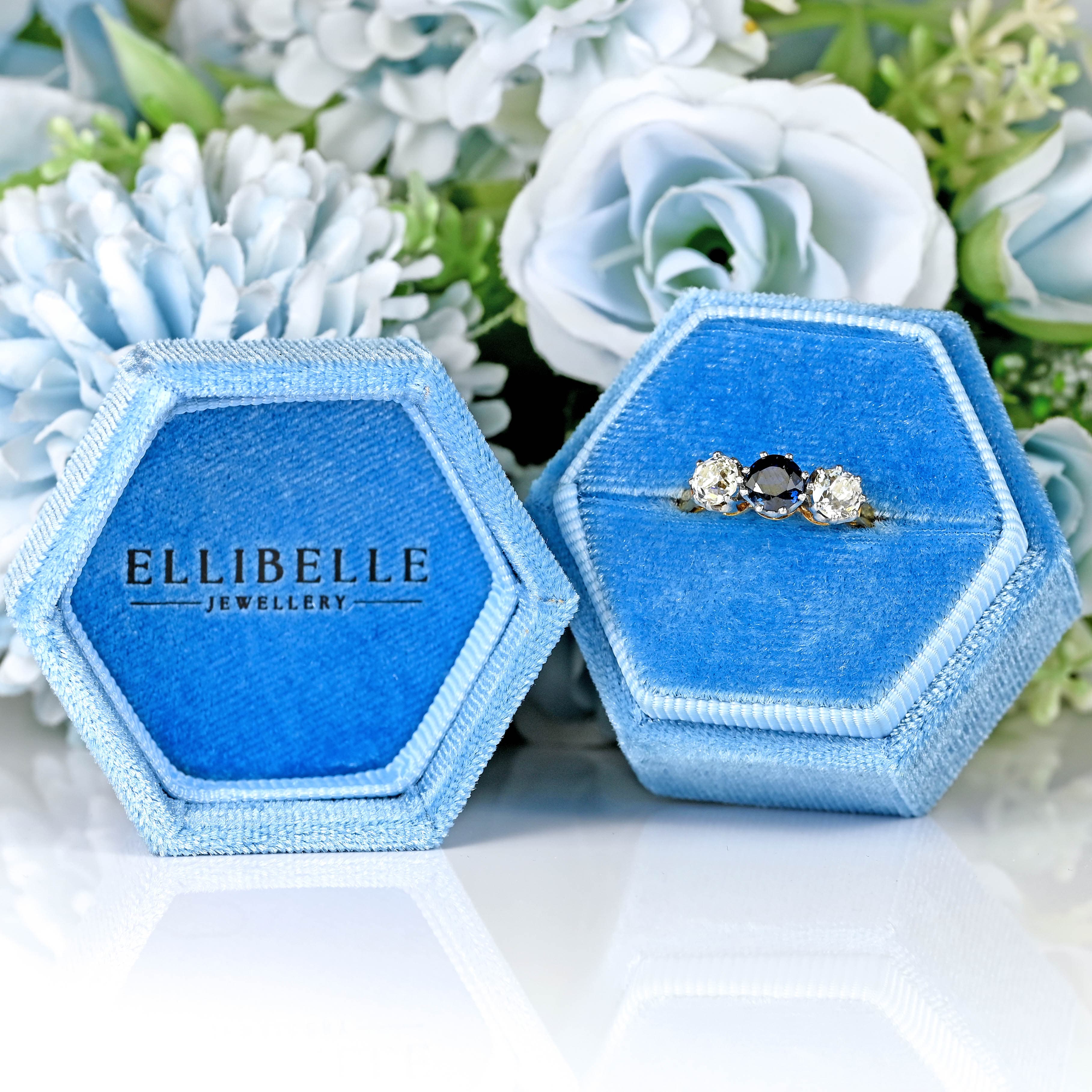 Ellibelle Jewellery Mid-20th Century Sapphire & Old-Cut Diamond 18ct Gold Three-Stone Trilogy Ring