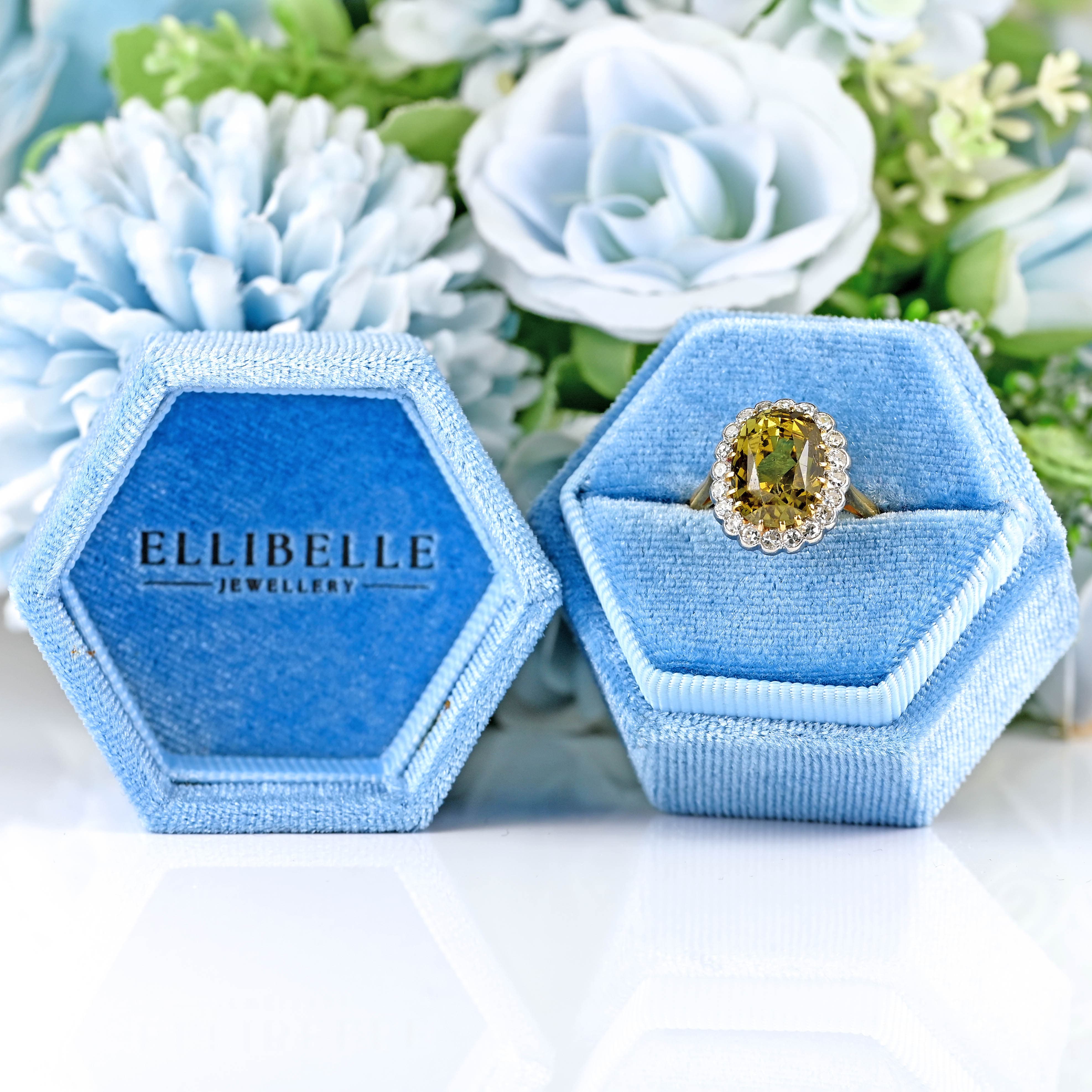 Ellibelle Jewellery Mid-Century Chrysoberyl & Diamond 18ct Gold Platinum Cluster Ring