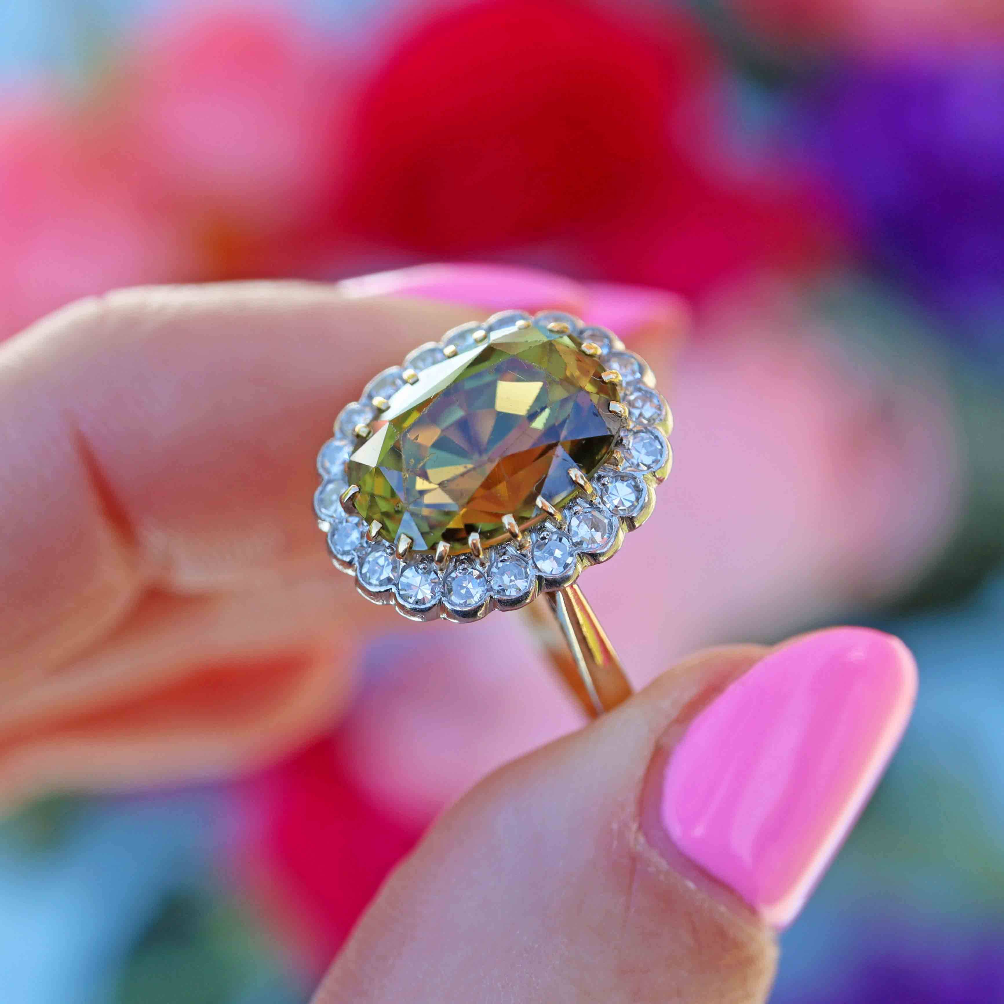 Ellibelle Jewellery Mid-Century Chrysoberyl & Diamond 18ct Gold Platinum Cluster Ring