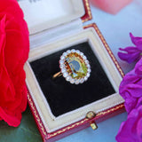 Ellibelle Jewellery Mid-Century Chrysoberyl & Diamond 18ct Gold Platinum Cluster Ring