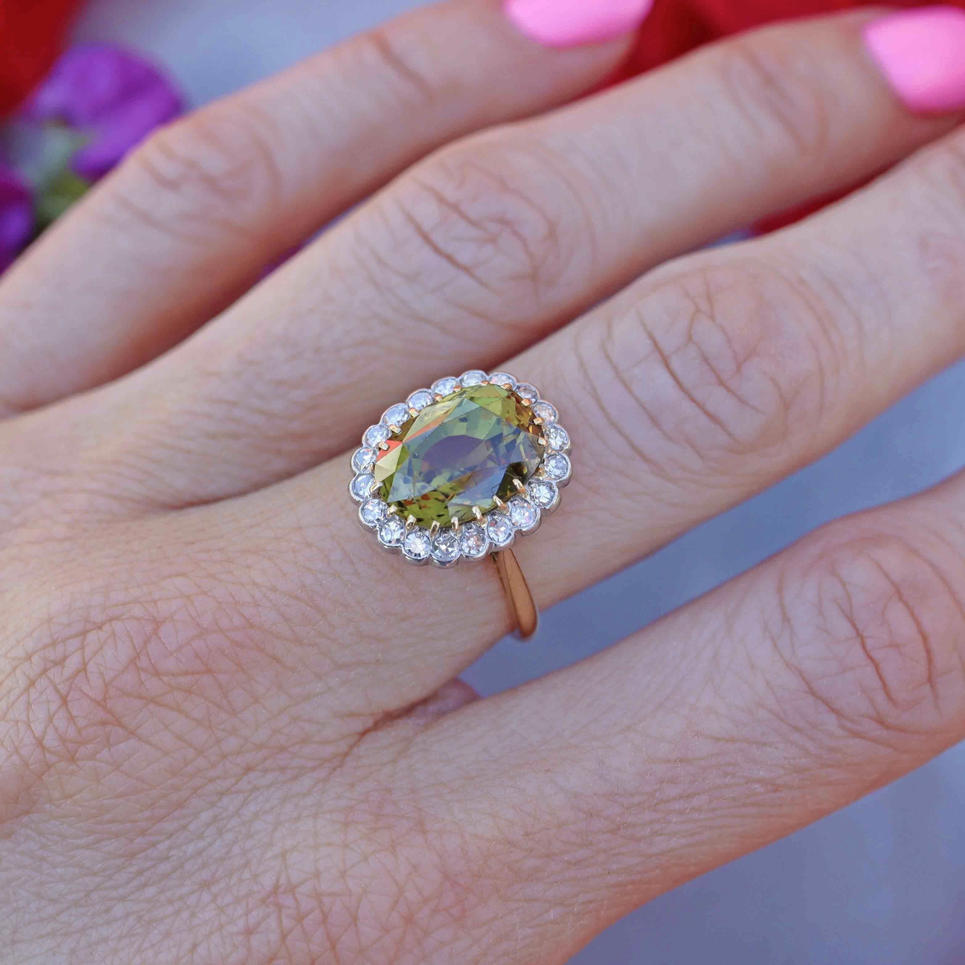 Ellibelle Jewellery Mid-Century Chrysoberyl & Diamond 18ct Gold Platinum Cluster Ring