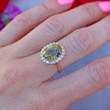 Ellibelle Jewellery Mid-Century Chrysoberyl & Diamond 18ct Gold Platinum Cluster Ring