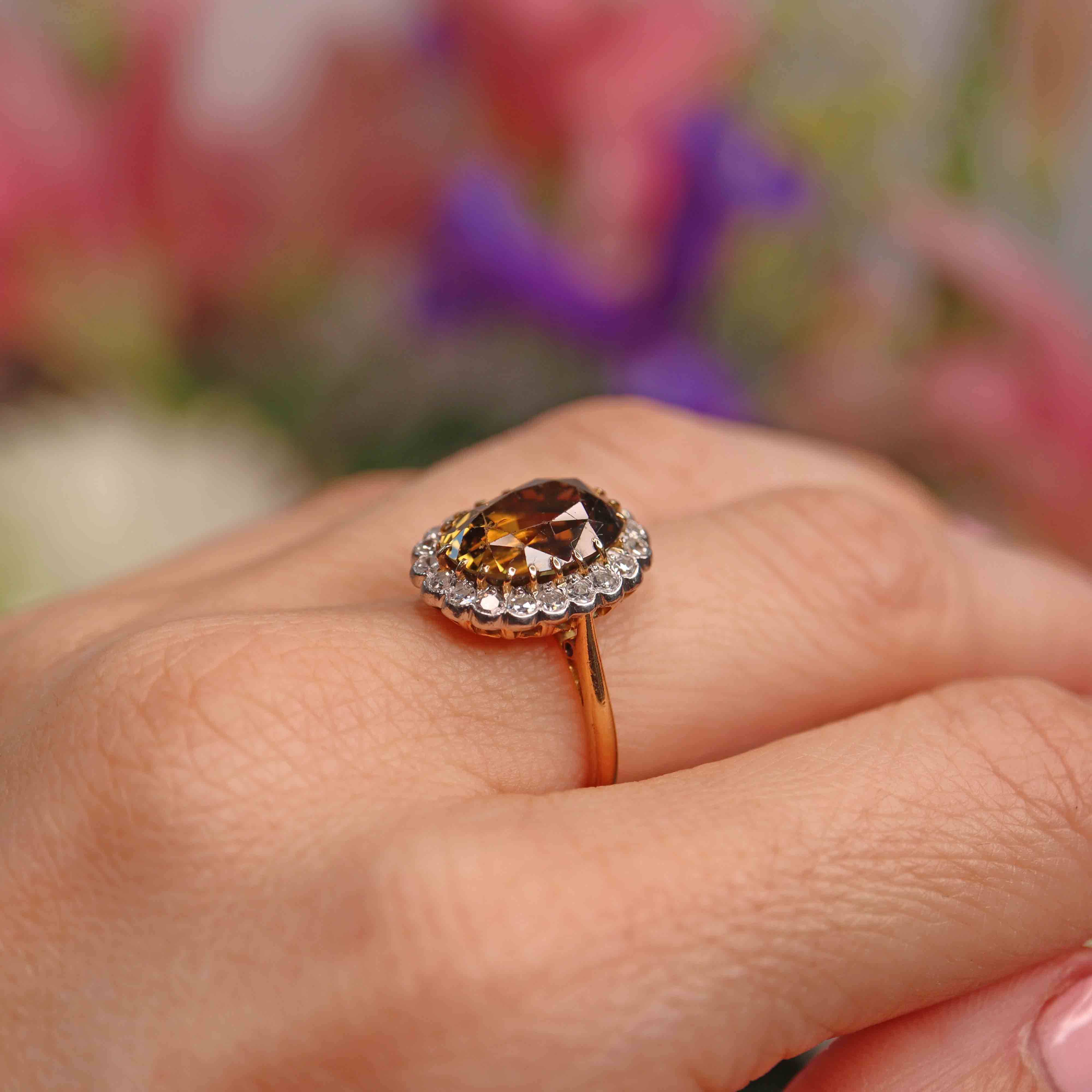 Ellibelle Jewellery Mid-Century Chrysoberyl & Diamond 18ct Gold Platinum Cluster Ring
