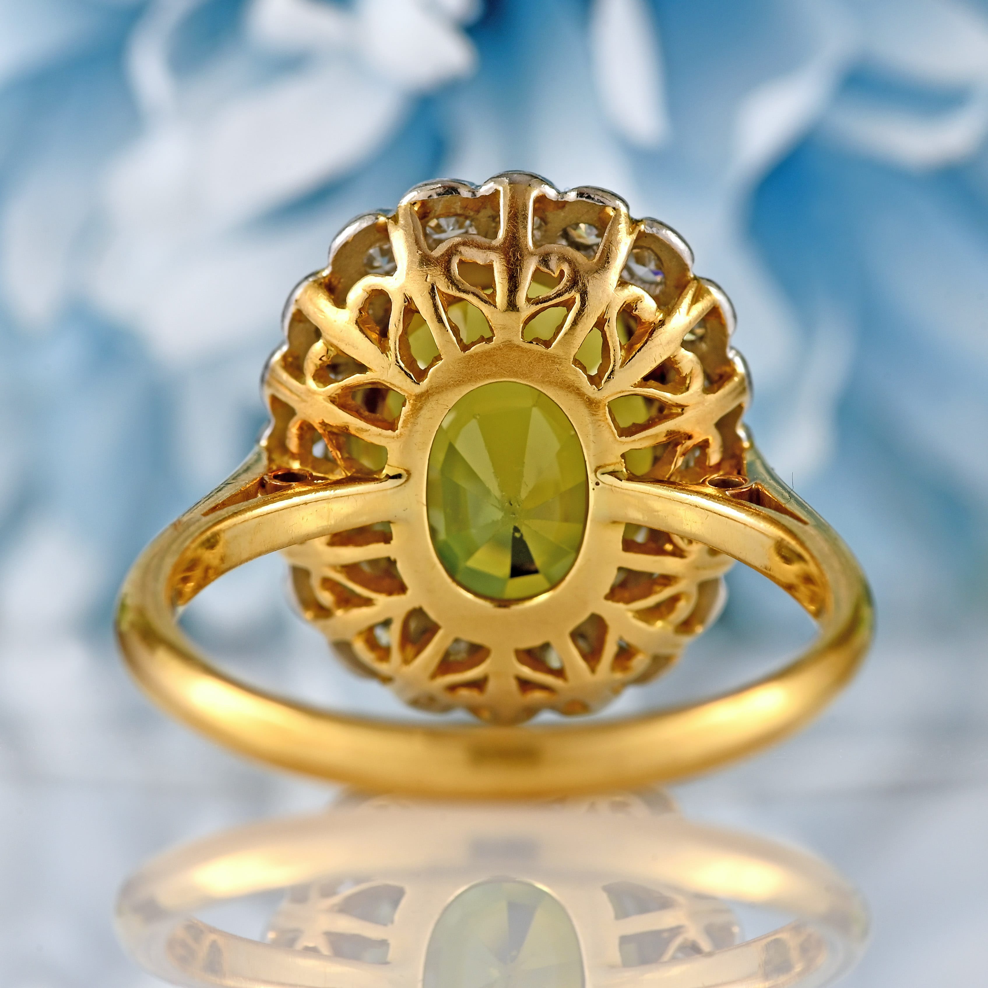 Ellibelle Jewellery Mid-Century Chrysoberyl & Diamond 18ct Gold Platinum Cluster Ring