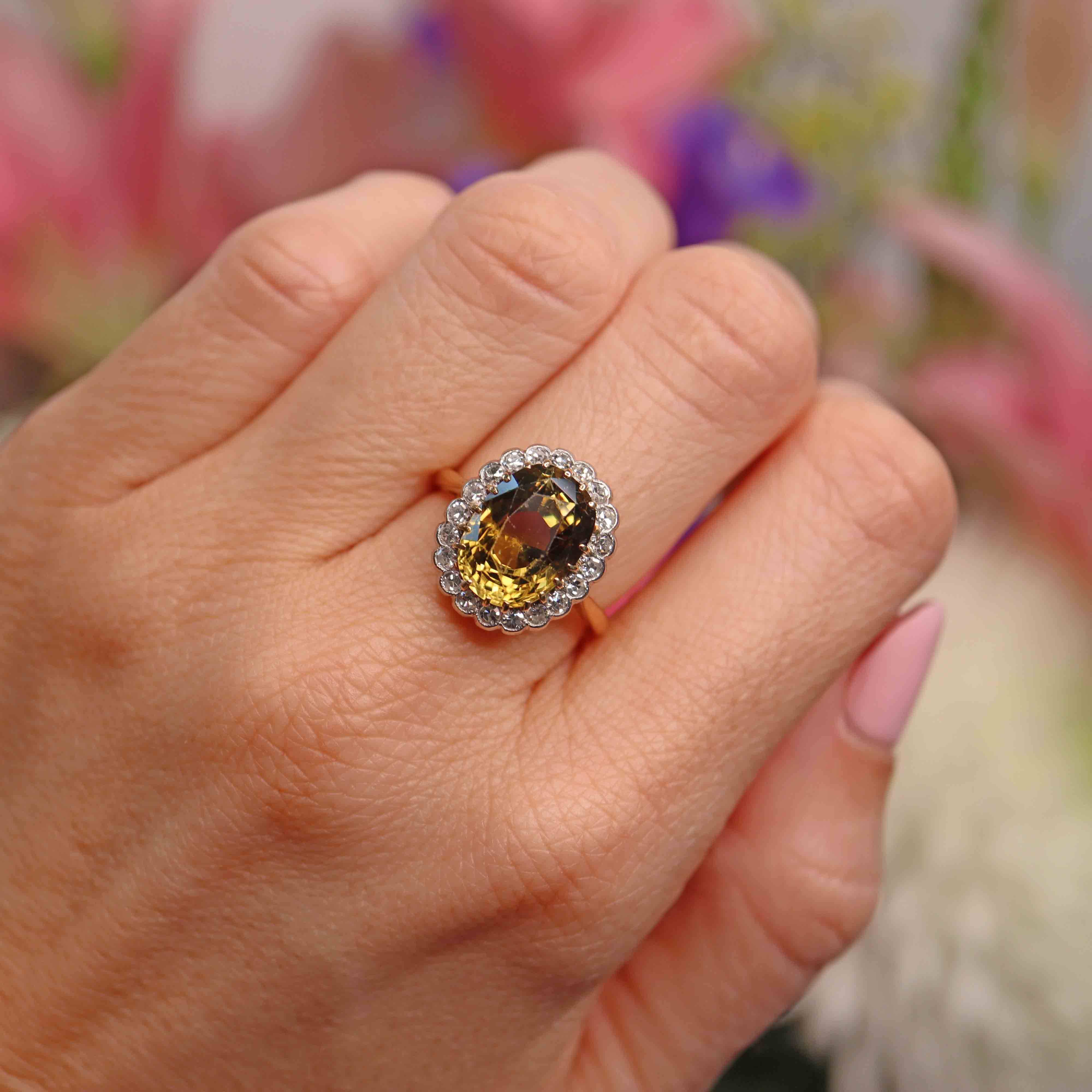 Ellibelle Jewellery Mid-Century Chrysoberyl & Diamond 18ct Gold Platinum Cluster Ring