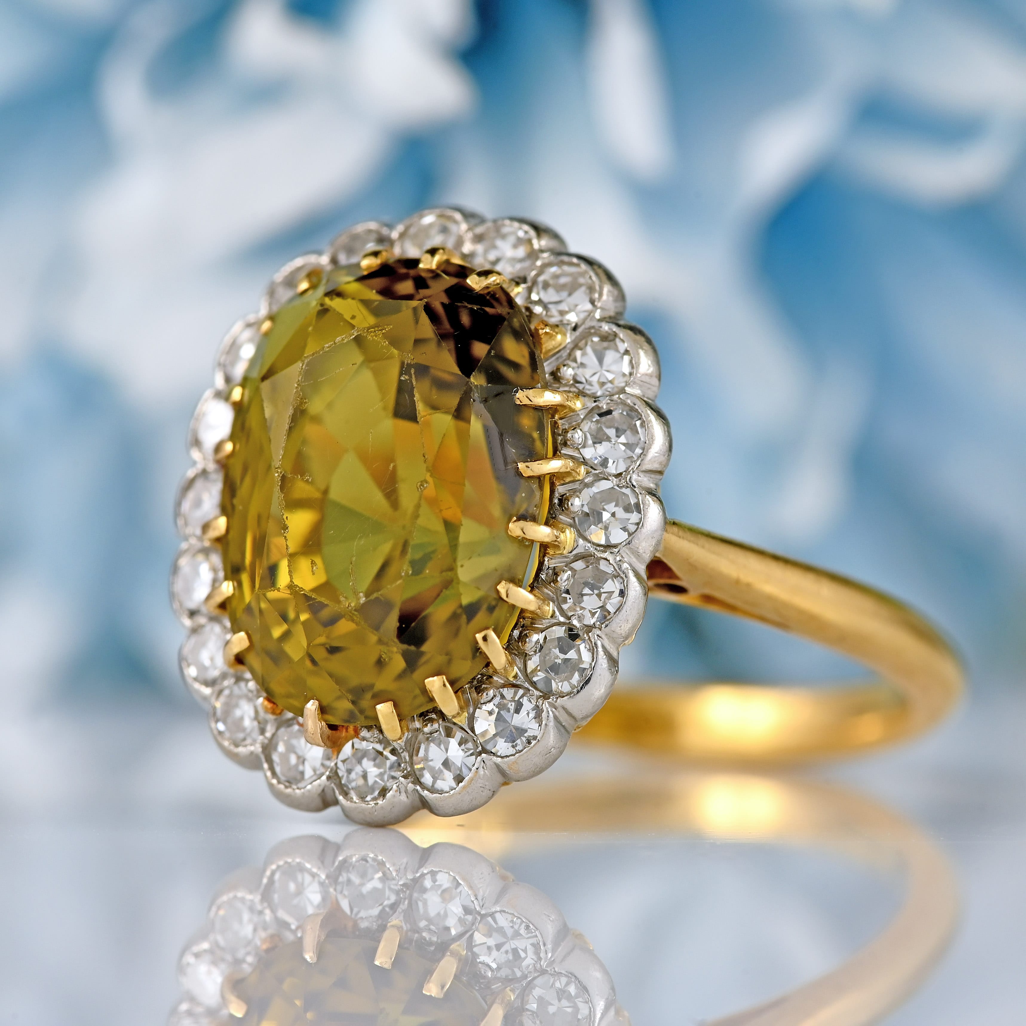 Ellibelle Jewellery Mid-Century Chrysoberyl & Diamond 18ct Gold Platinum Cluster Ring