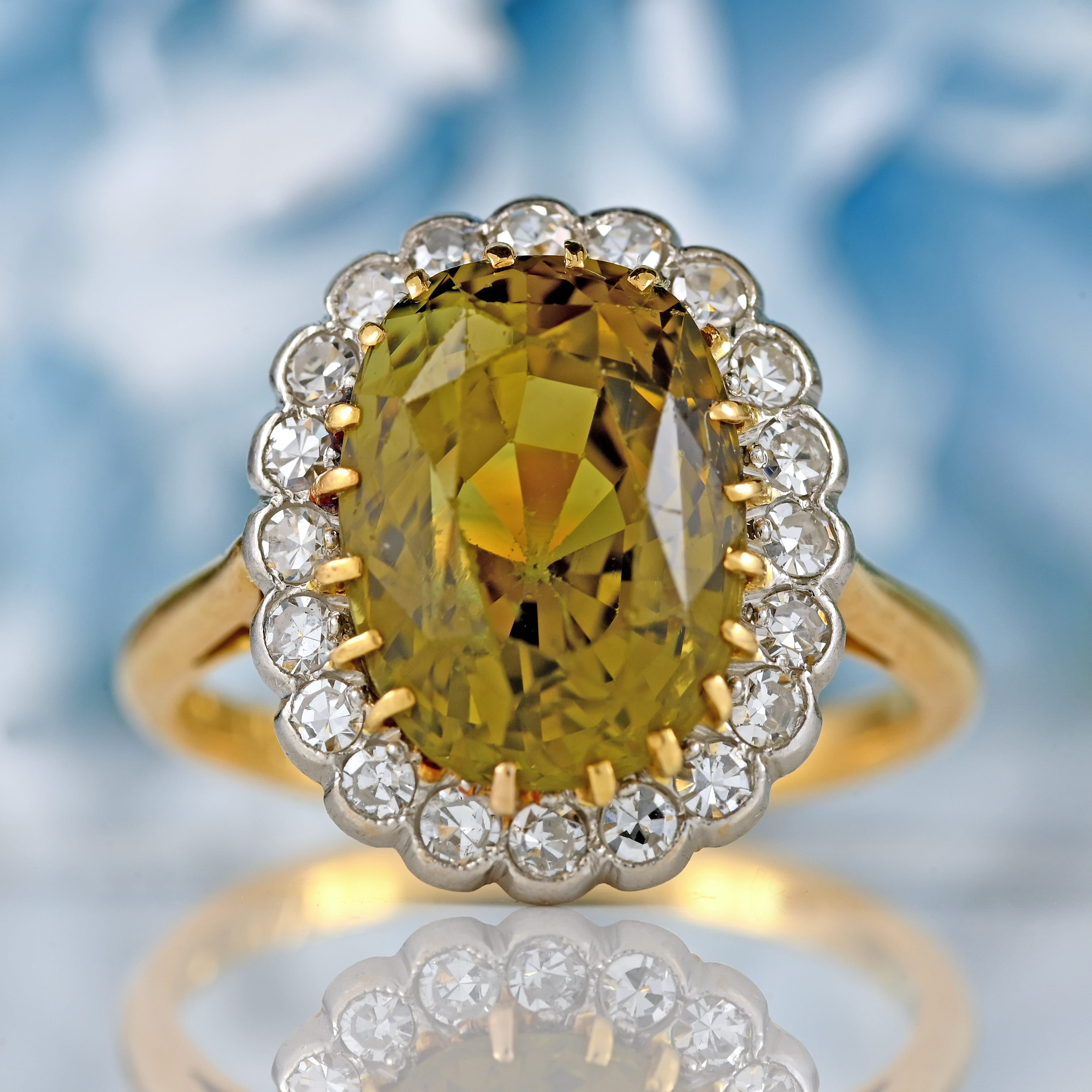 Ellibelle Jewellery Mid-Century Chrysoberyl & Diamond 18ct Gold Platinum Cluster Ring