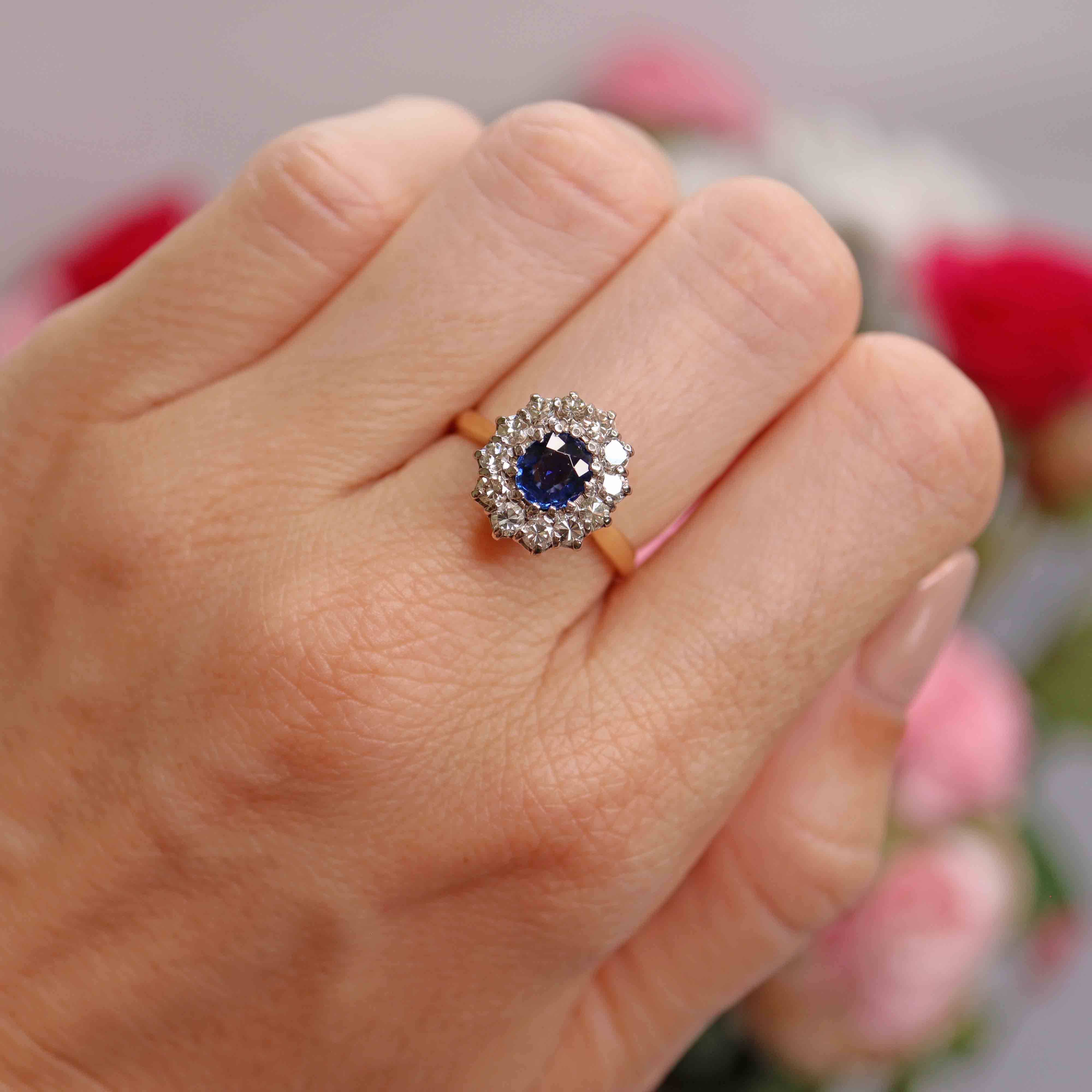 Ellibelle Jewellery Mid-Century Sapphire & Diamond 18ct Gold Cluster Ring
