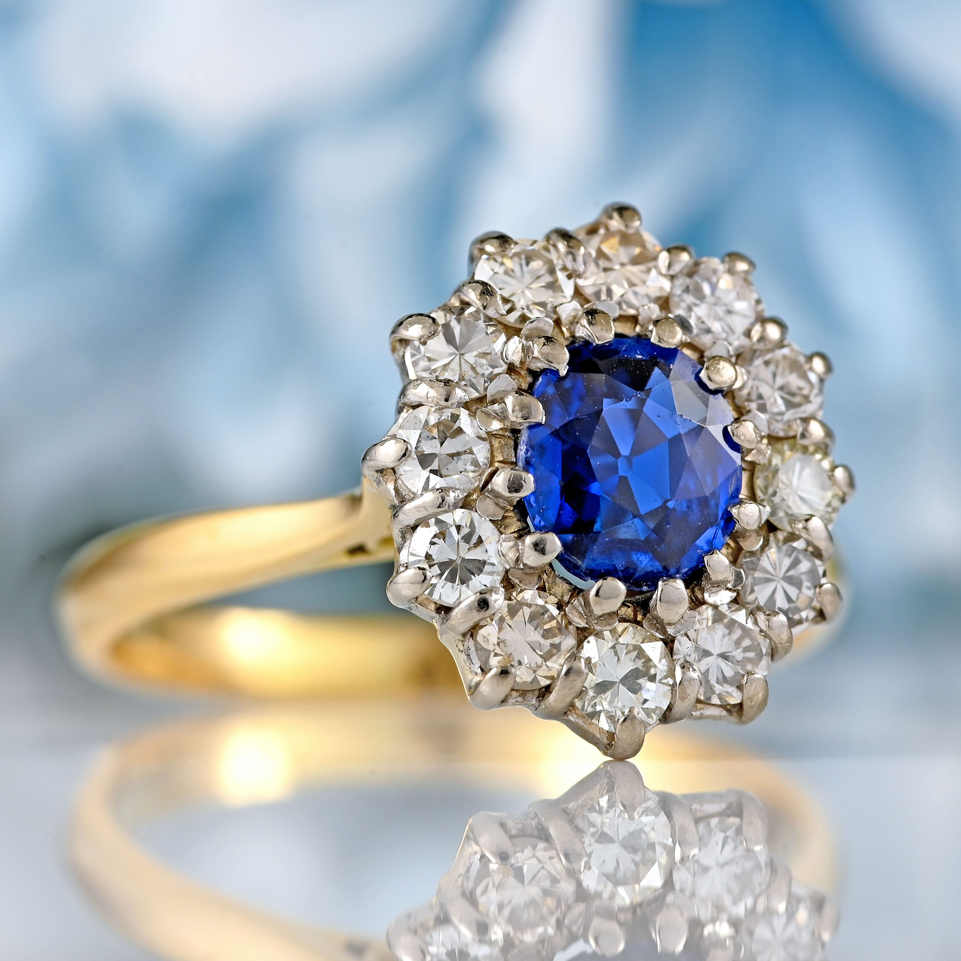 Ellibelle Jewellery Mid-Century Sapphire & Diamond 18ct Gold Cluster Ring
