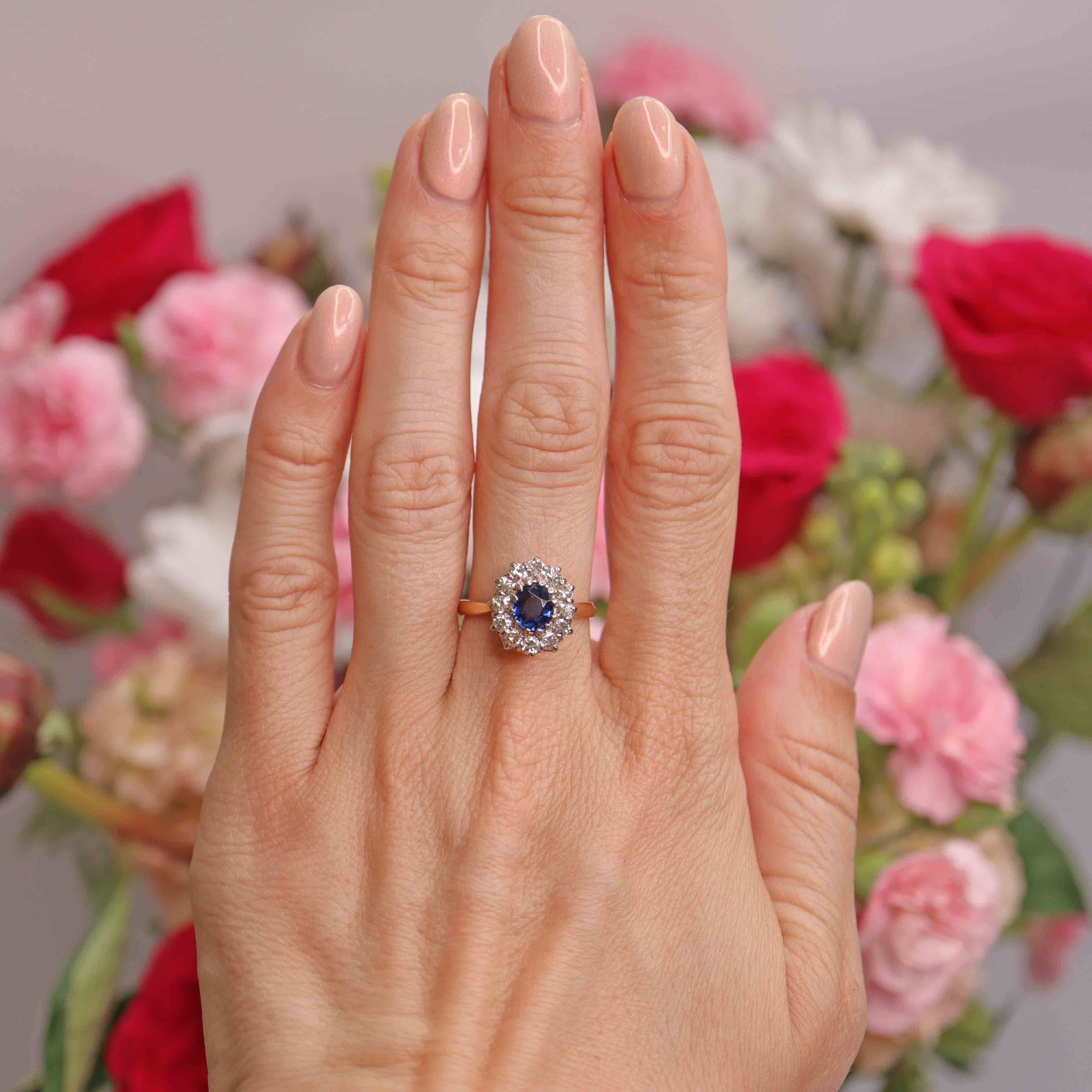 Ellibelle Jewellery Mid-Century Sapphire & Diamond 18ct Gold Cluster Ring