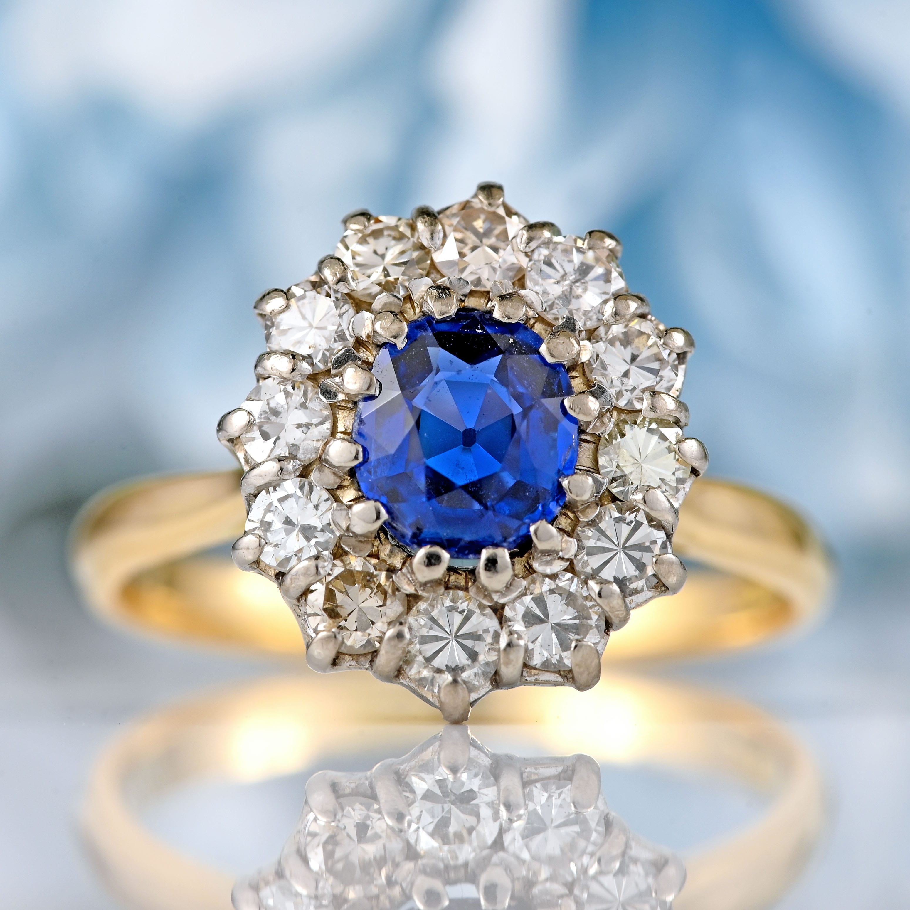 Ellibelle Jewellery Mid-Century Sapphire & Diamond 18ct Gold Cluster Ring
