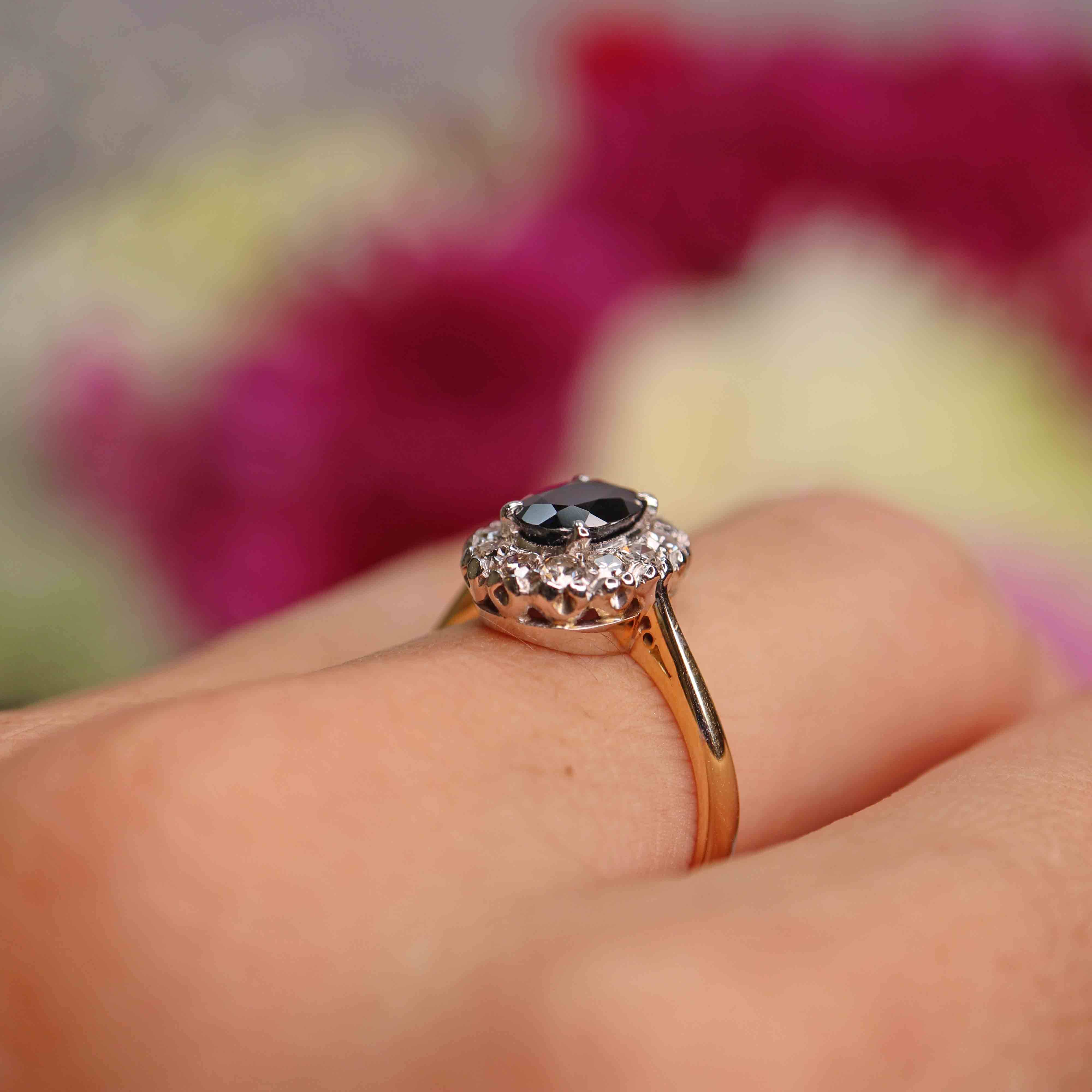 Ellibelle Jewellery Mid-Century Sapphire & Diamond 18ct Gold Platinum Cluster Ring