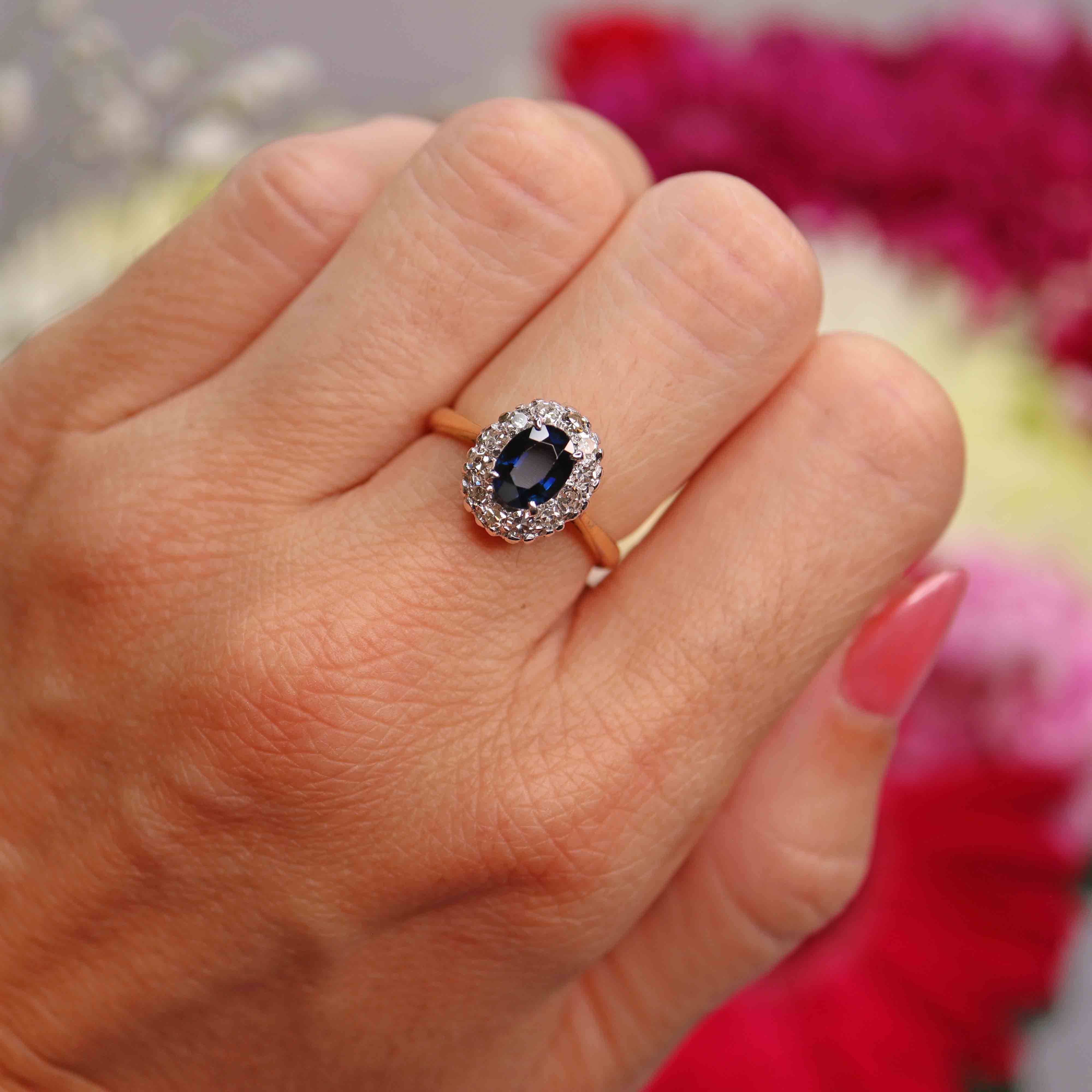 Ellibelle Jewellery Mid-Century Sapphire & Diamond 18ct Gold Platinum Cluster Ring