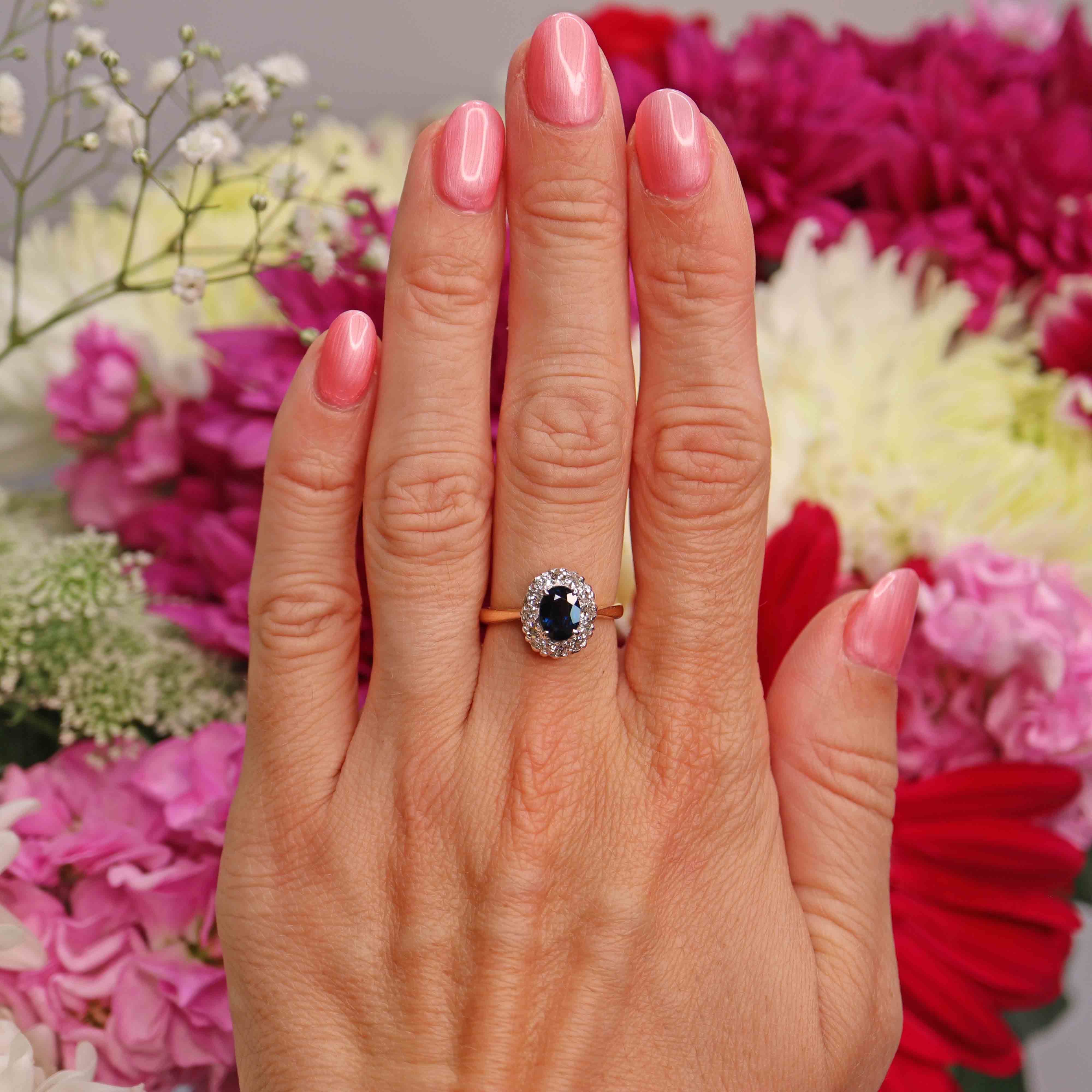 Ellibelle Jewellery Mid-Century Sapphire & Diamond 18ct Gold Platinum Cluster Ring