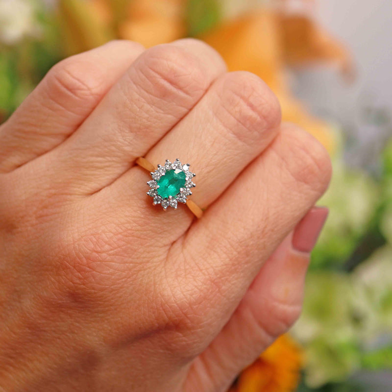 Ellibelle Jewellery Millennium Emerald & Diamond 18ct Gold Oval Cluster Ring (0.80cts)