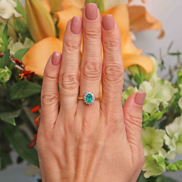 Ellibelle Jewellery Millennium Emerald & Diamond 18ct Gold Oval Cluster Ring (0.80cts)