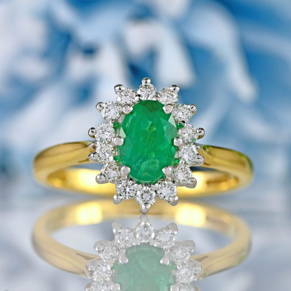 Ellibelle Jewellery Millennium Emerald & Diamond 18ct Gold Oval Cluster Ring (0.80cts)
