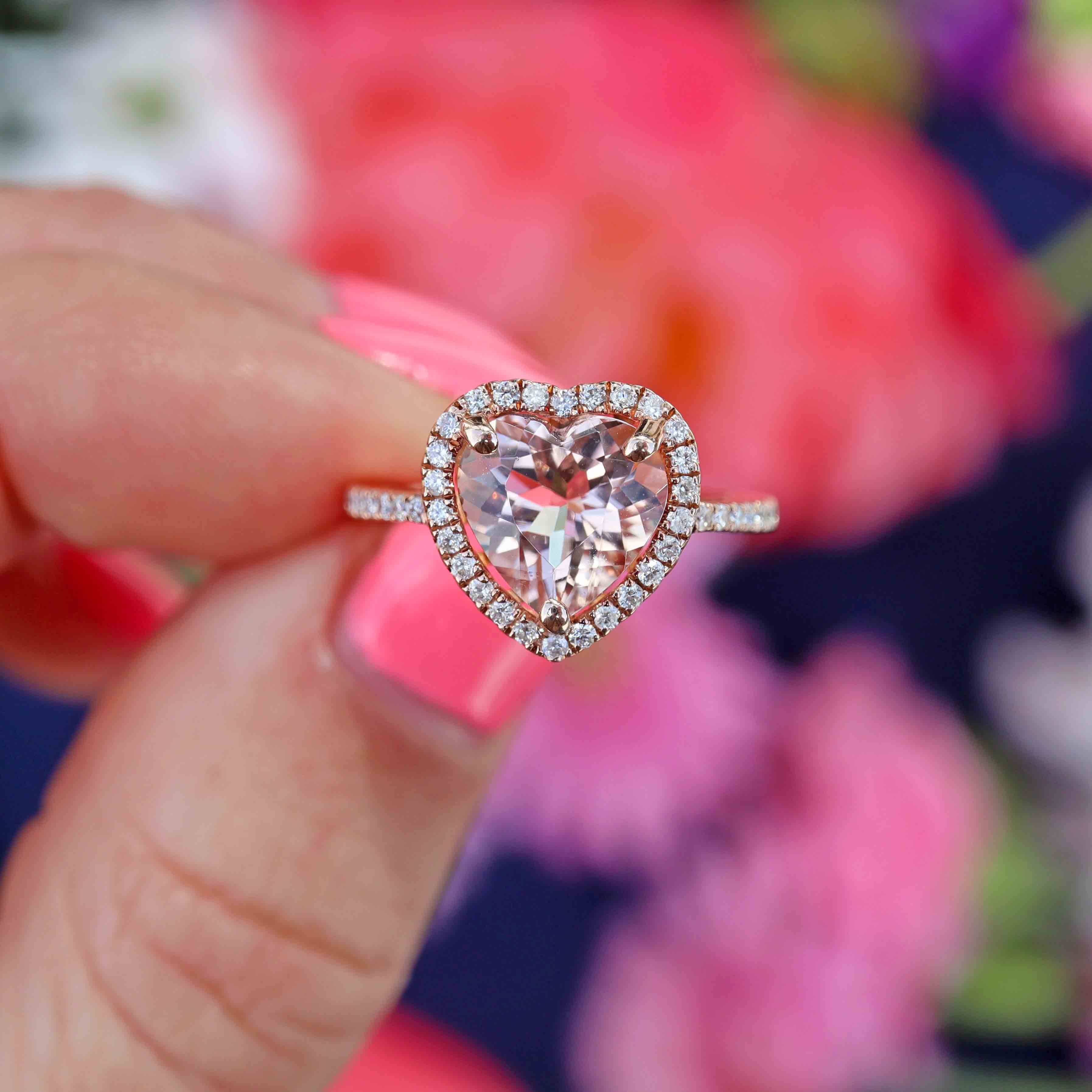 Ellibelle Jewellery Morganite & Diamond 14ct Rose Gold Heart-Shaped Halo Cluster Ring