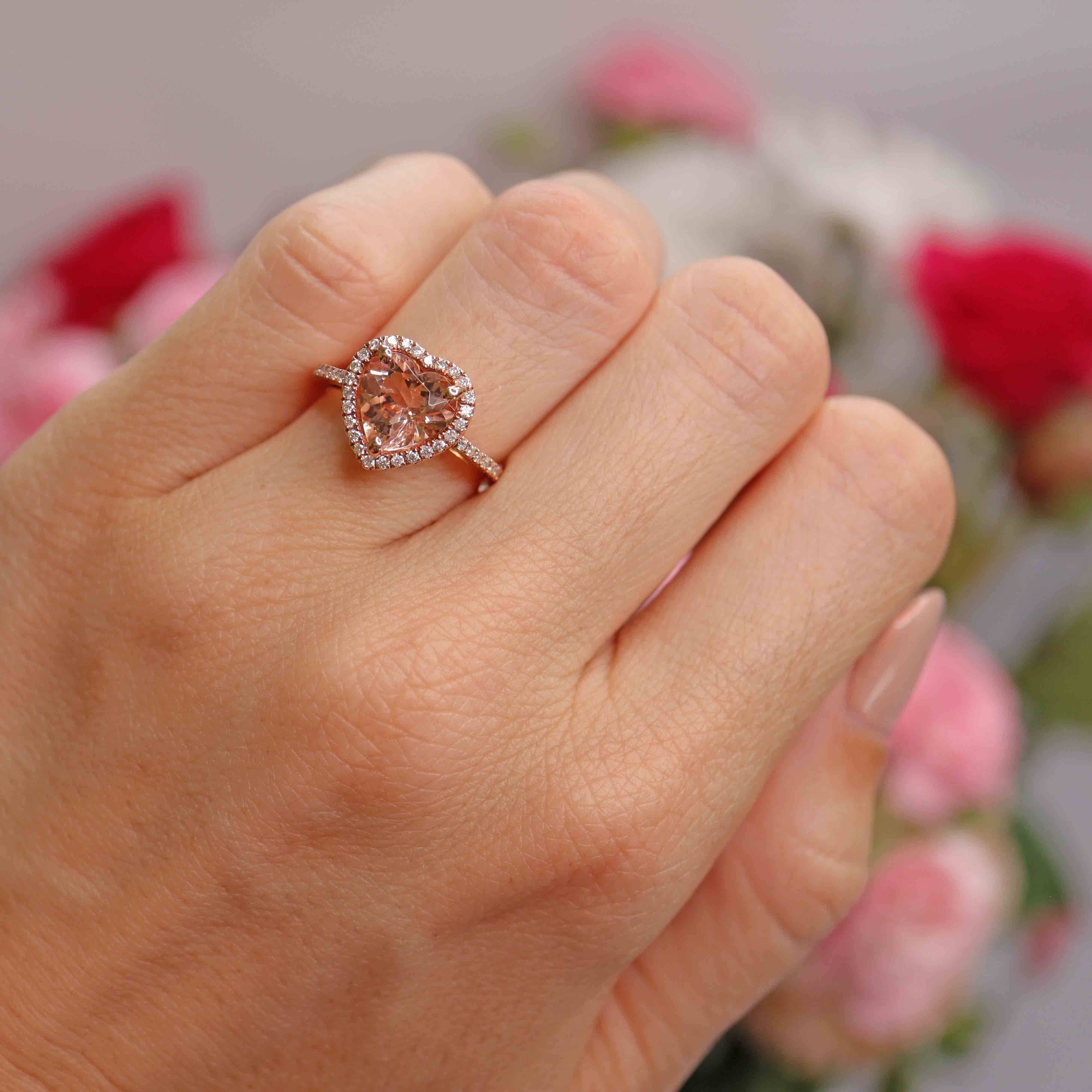 Ellibelle Jewellery Morganite & Diamond 14ct Rose Gold Heart-Shaped Halo Cluster Ring
