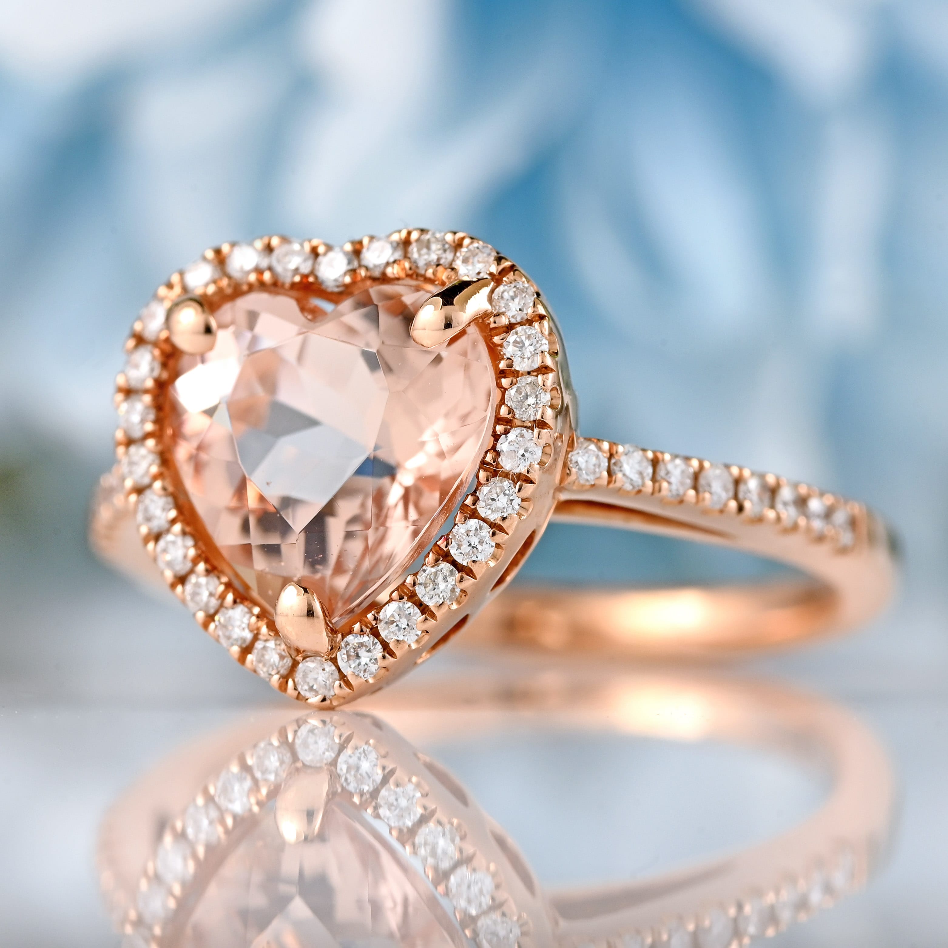 Ellibelle Jewellery Morganite & Diamond 14ct Rose Gold Heart-Shaped Halo Cluster Ring