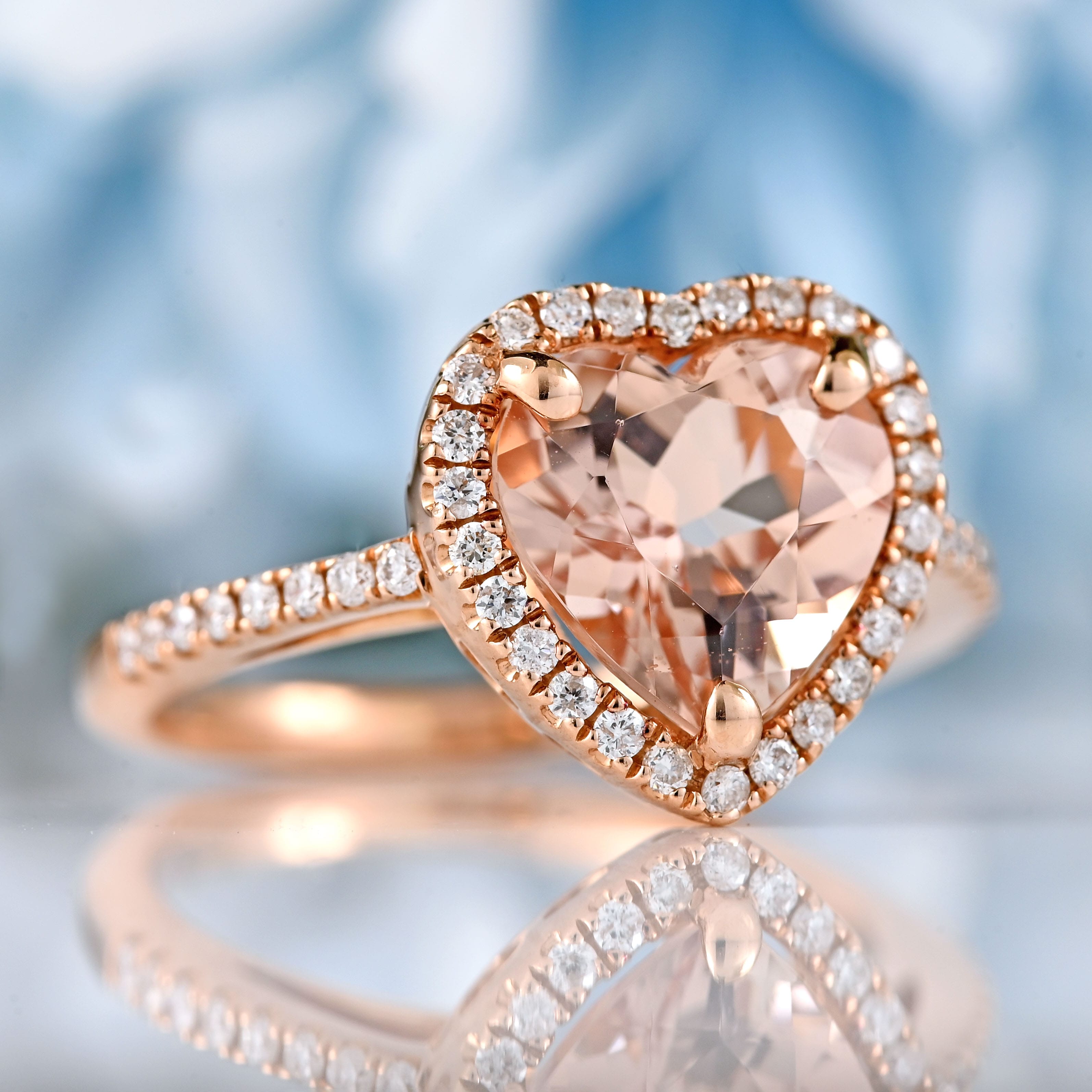 Ellibelle Jewellery Morganite & Diamond 14ct Rose Gold Heart-Shaped Halo Cluster Ring