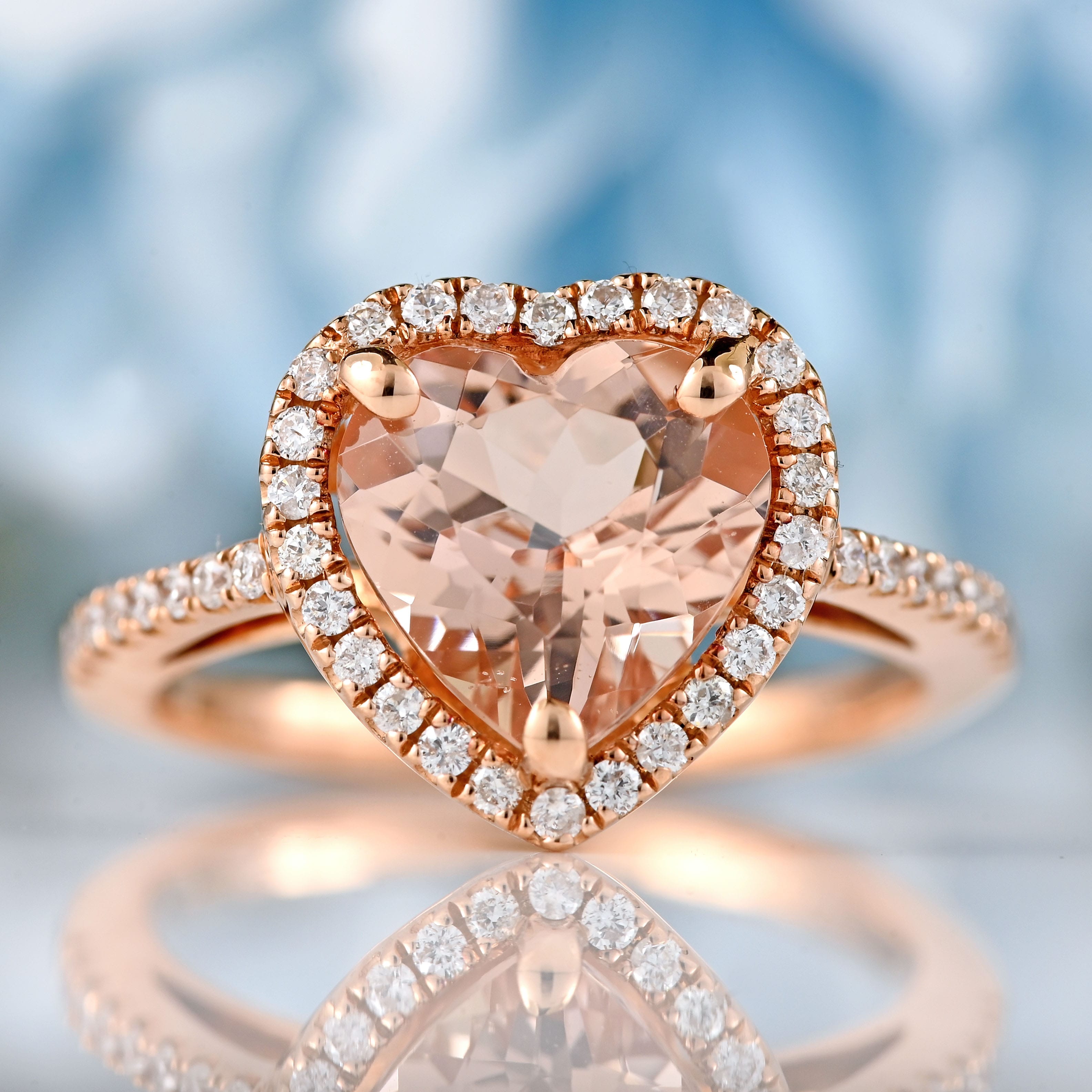 Ellibelle Jewellery Morganite & Diamond 14ct Rose Gold Heart-Shaped Halo Cluster Ring