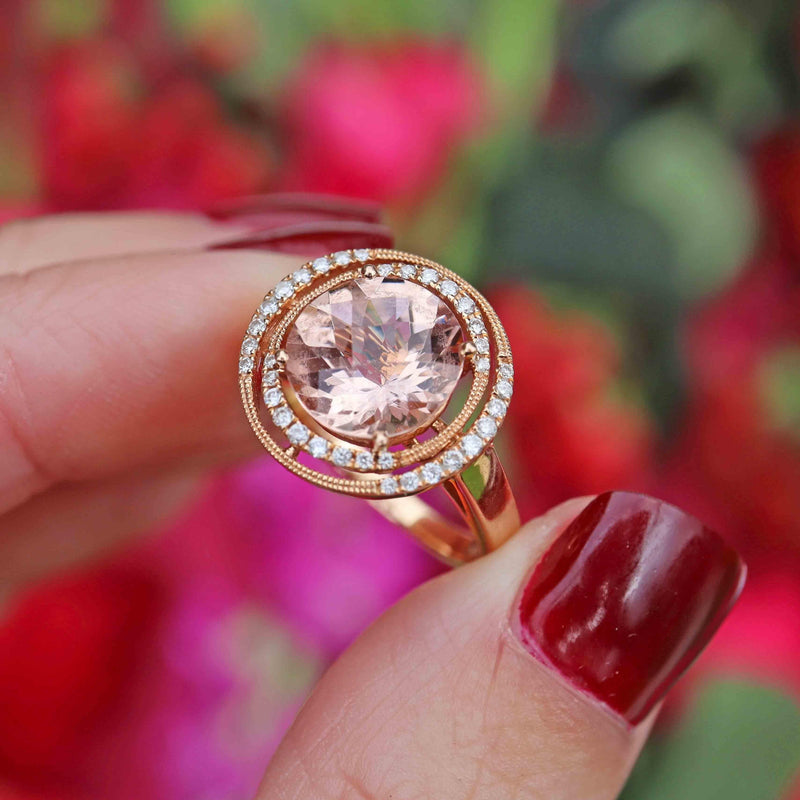 Ellibelle Jewellery Morganite & Diamond 18ct Rose Gold Halo Cluster Ring