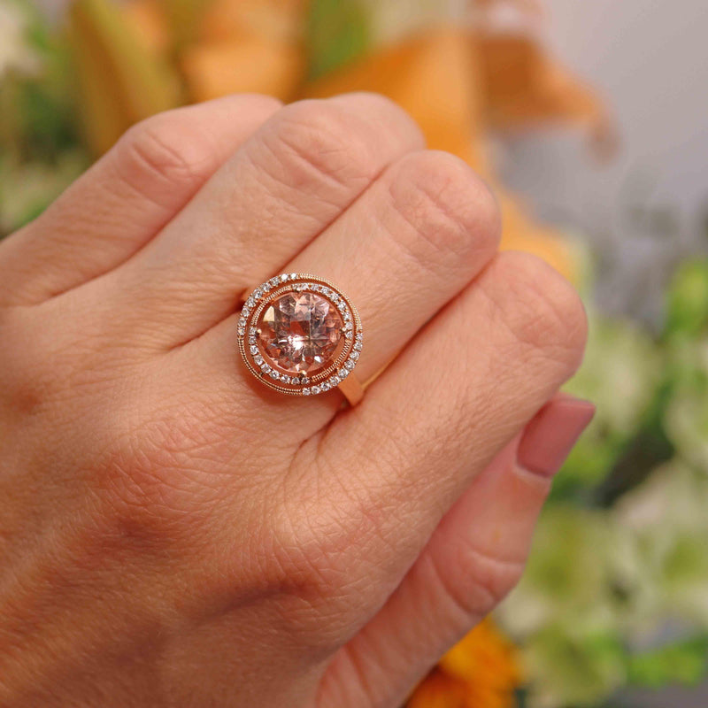Ellibelle Jewellery Morganite & Diamond 18ct Rose Gold Halo Cluster Ring