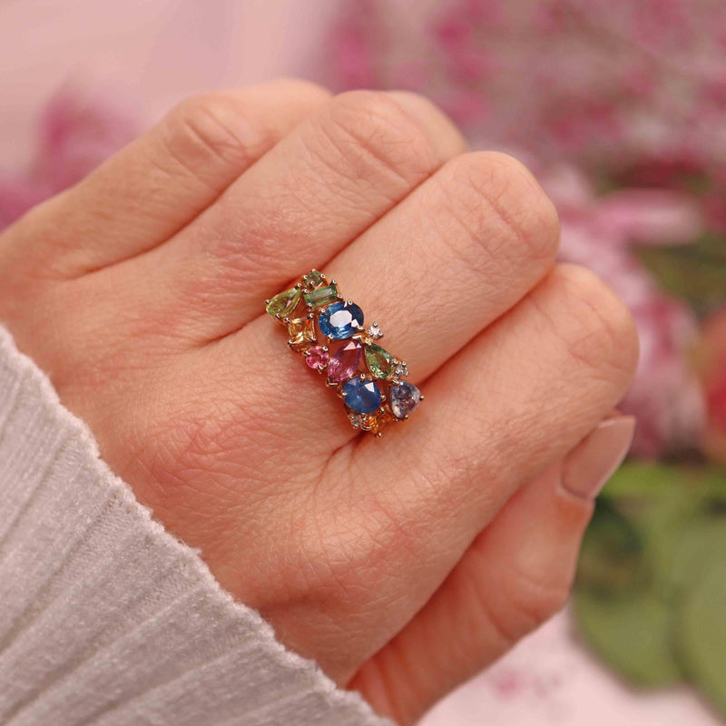 Ellibelle Jewellery Multicolour Sapphire 9ct Yellow Gold Cluster Ring
