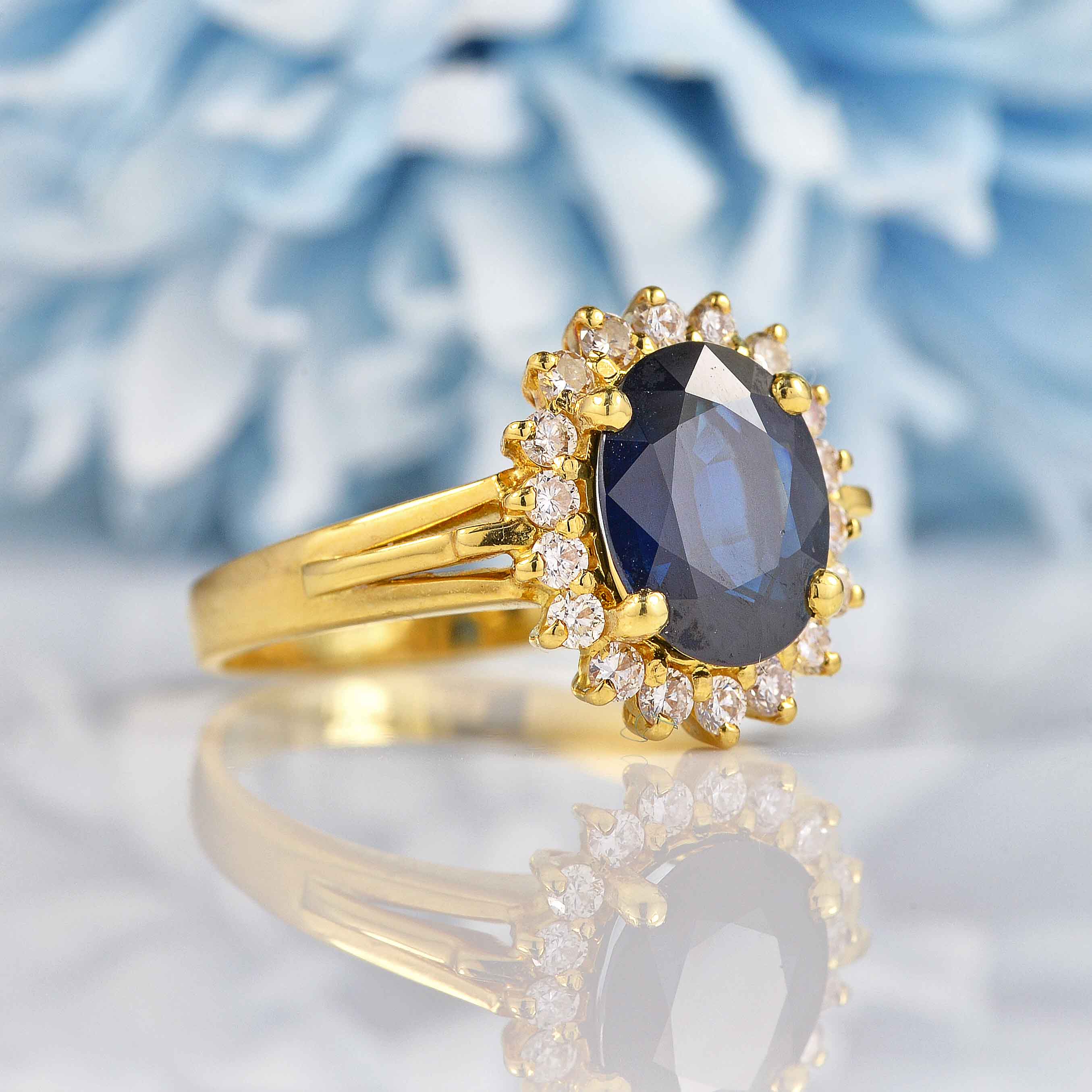 Natural Dark Blue Sapphire Diamond 18ct Gold Oval Cluster Ring