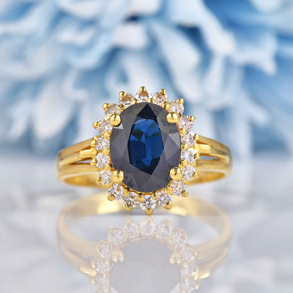 Ellibelle Jewellery Natural Dark Blue Sapphire & Diamond 18ct Gold Oval Cluster Ring