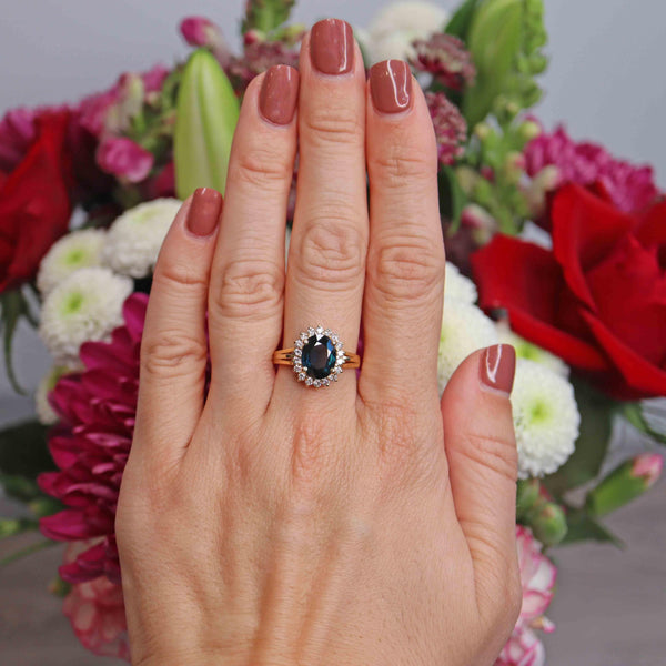 Ellibelle Jewellery Natural Dark Blue Sapphire & Diamond 18ct Gold Oval Cluster Ring