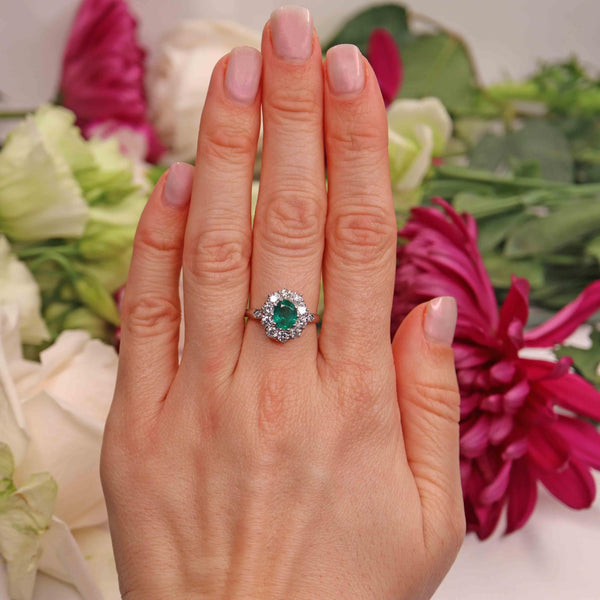 Ellibelle Jewellery Natural Emerald & Diamond Platinum Cluster Engagement Ring