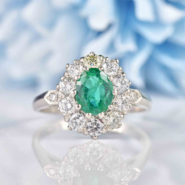 Ellibelle Jewellery Natural Emerald & Diamond Platinum Cluster Engagement Ring