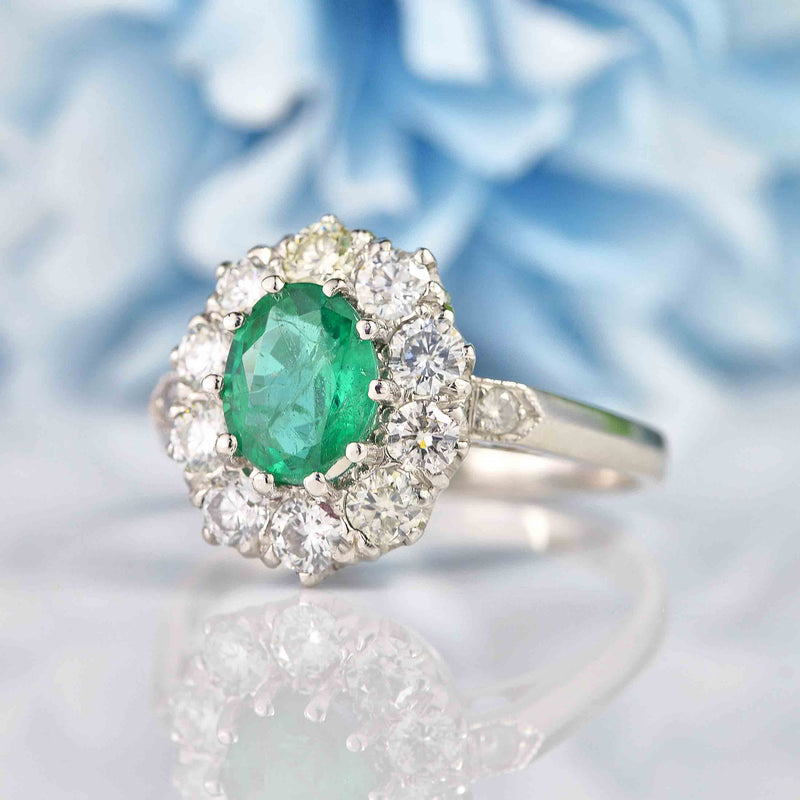 Ellibelle Jewellery Natural Emerald & Diamond Platinum Cluster Engagement Ring