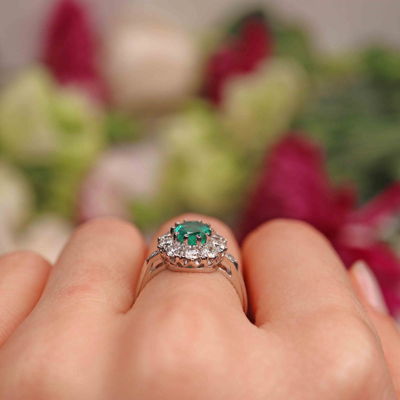 Ellibelle Jewellery Natural Emerald & Diamond Platinum Cluster Engagement Ring